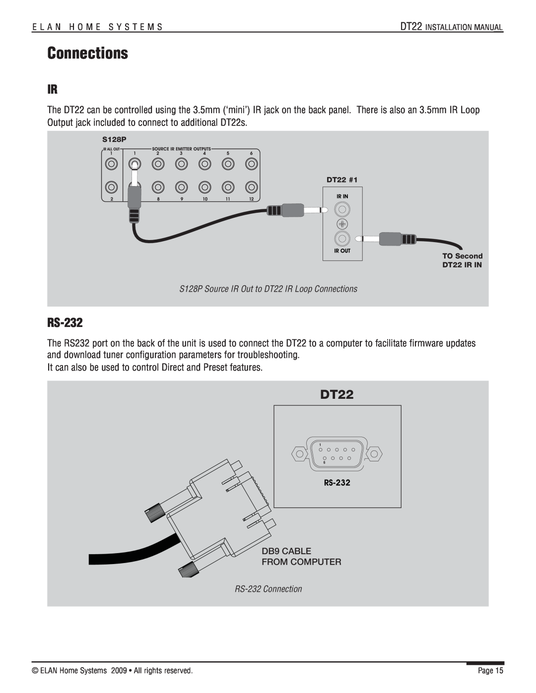 ELAN Home Systems DT22 manual Connections, RS-232 