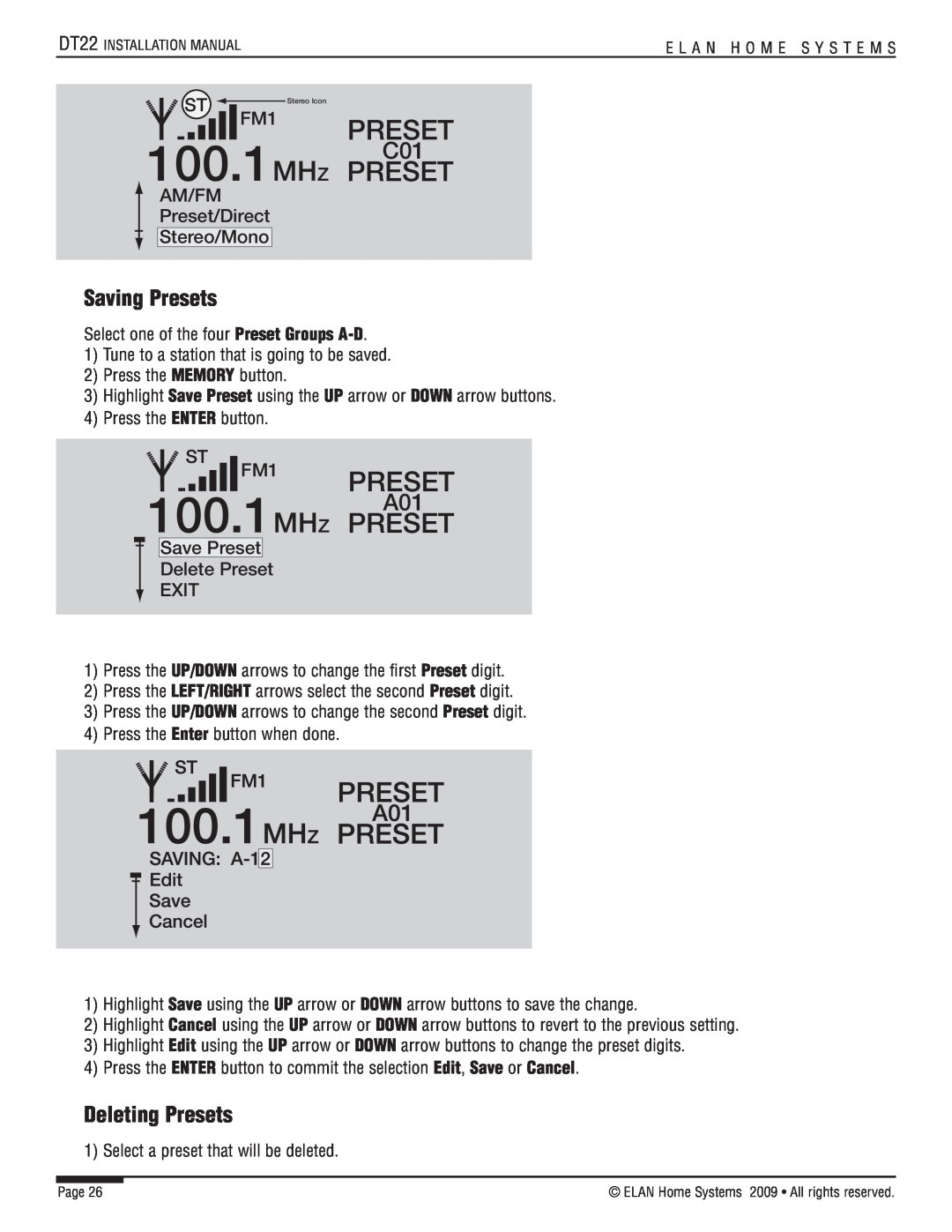 ELAN Home Systems DT22 manual Saving Presets, Deleting Presets, Save Preset Delete Preset EXIT, 100.1MHZ PRESET 