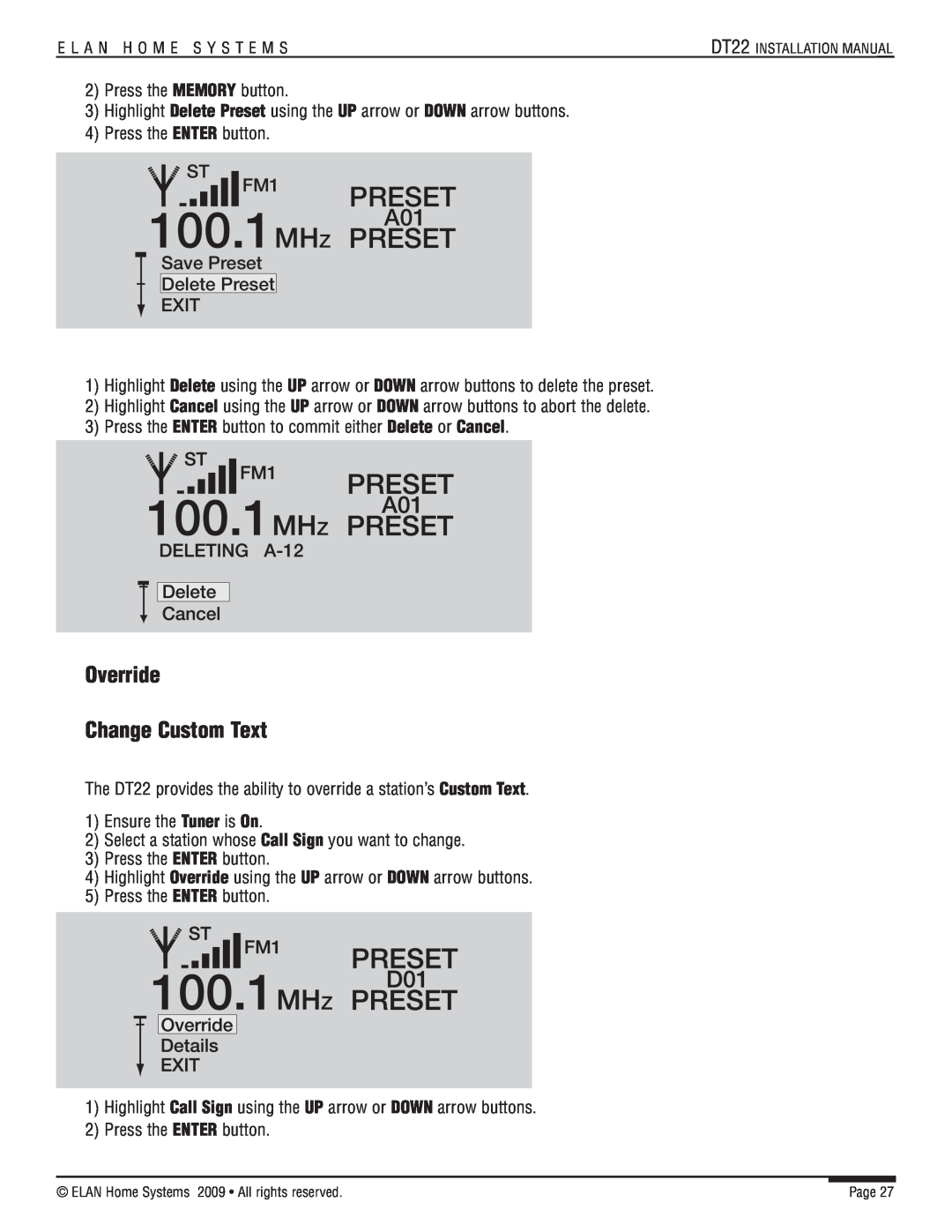 ELAN Home Systems DT22 manual Override Change Custom Text, 100.1MHZ PRESET, Save Preset Delete Preset EXIT 