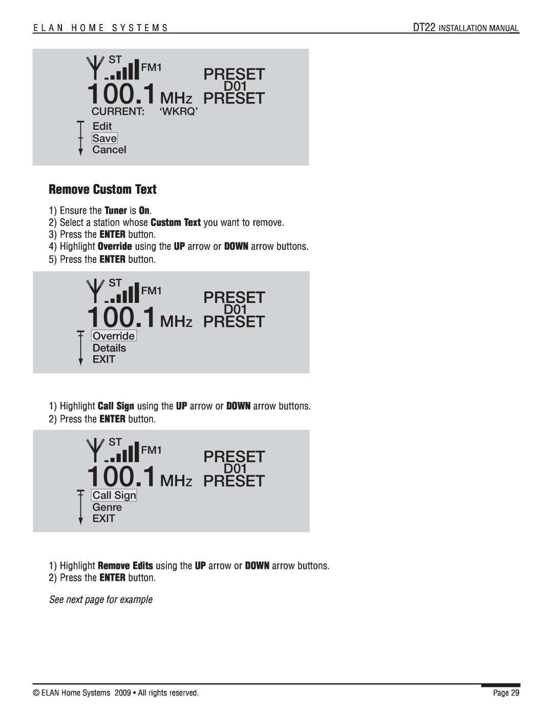 ELAN Home Systems DT22 manual Remove Custom Text, 100.1MHZ PRESET, Preset 