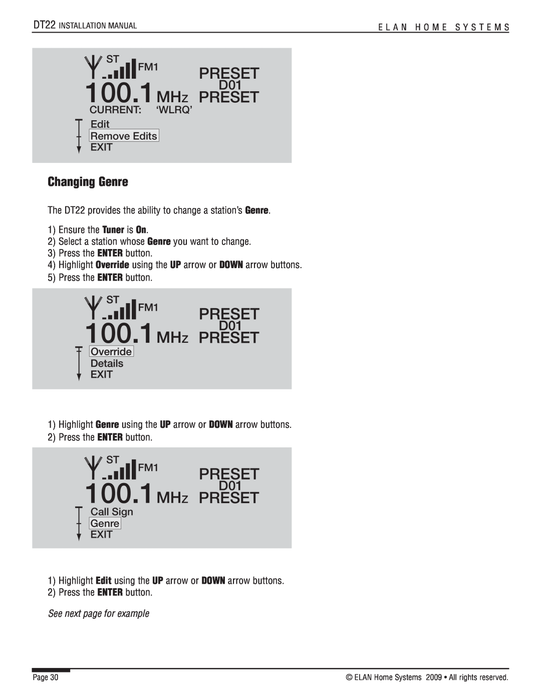 ELAN Home Systems DT22 manual Changing Genre, 100.1MHZ PRESET, Preset 