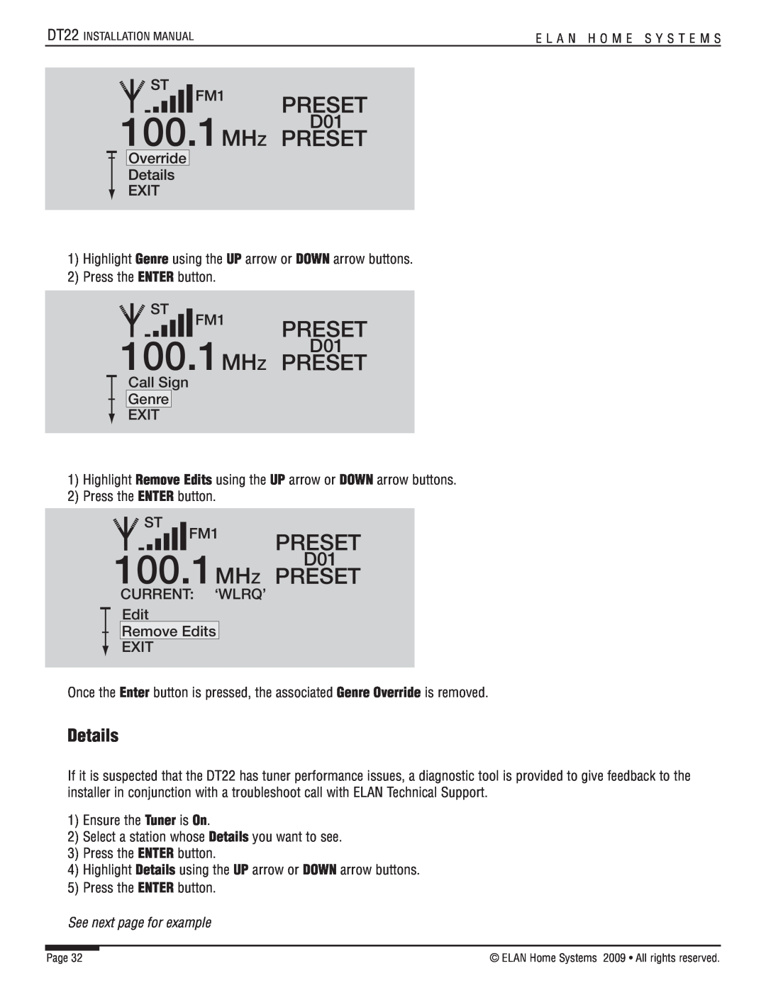 ELAN Home Systems DT22 manual Details, 100.1MHZ PRESET, Preset 