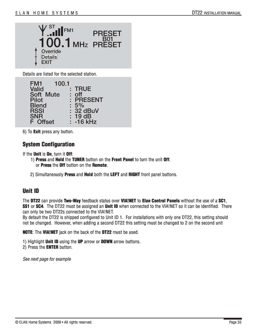 ELAN Home Systems DT22 manual Valid, 100.1MHZ PRESET, Preset 