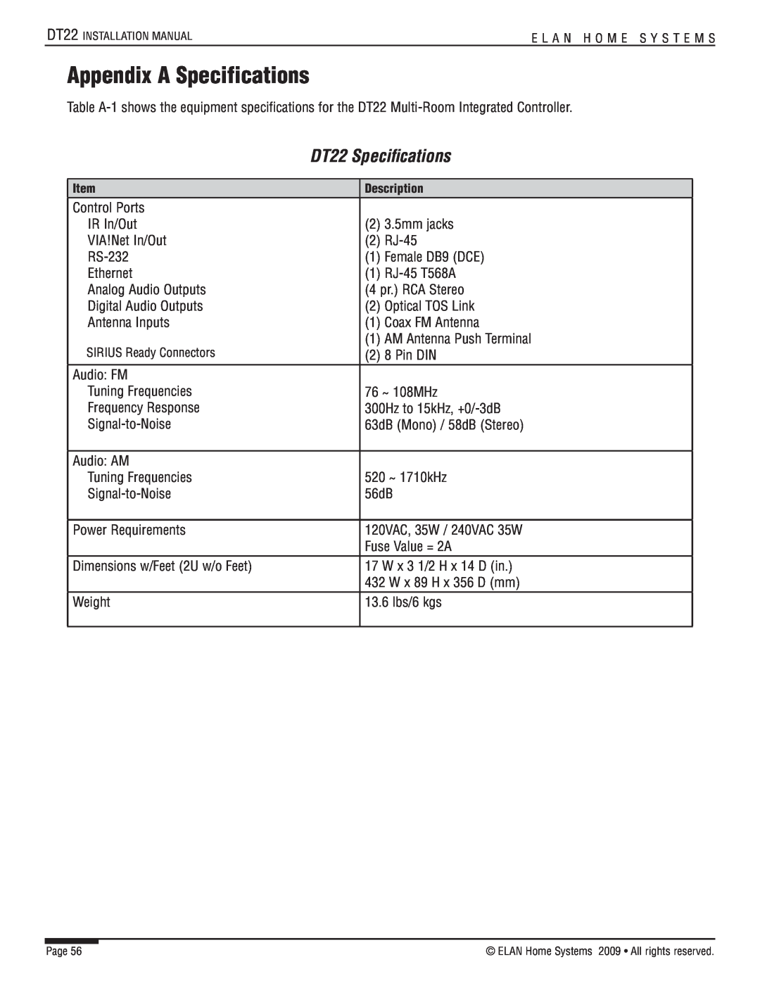 ELAN Home Systems manual Appendix A Specifications, DT22 Specifications 
