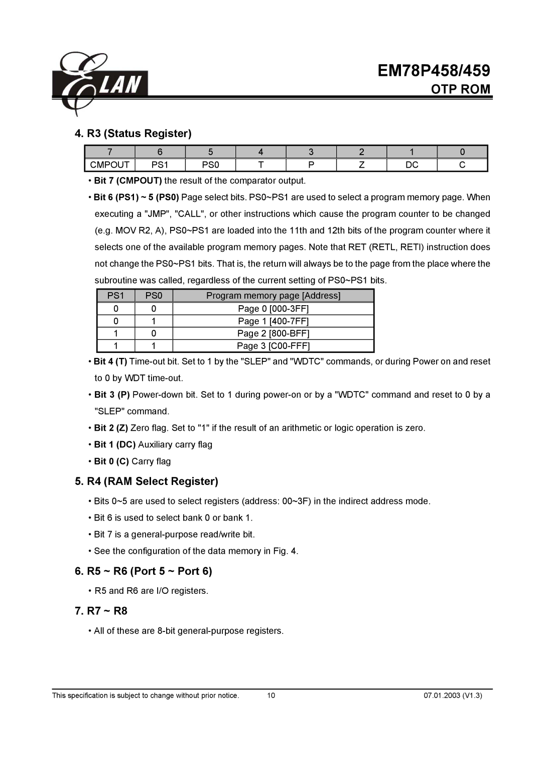 ELAN Home Systems EM78P458, EM78P459AK manual R3 Status Register, R4 RAM Select Register, R5 ~ R6 Port 5 ~ Port, R7 ~ R8 