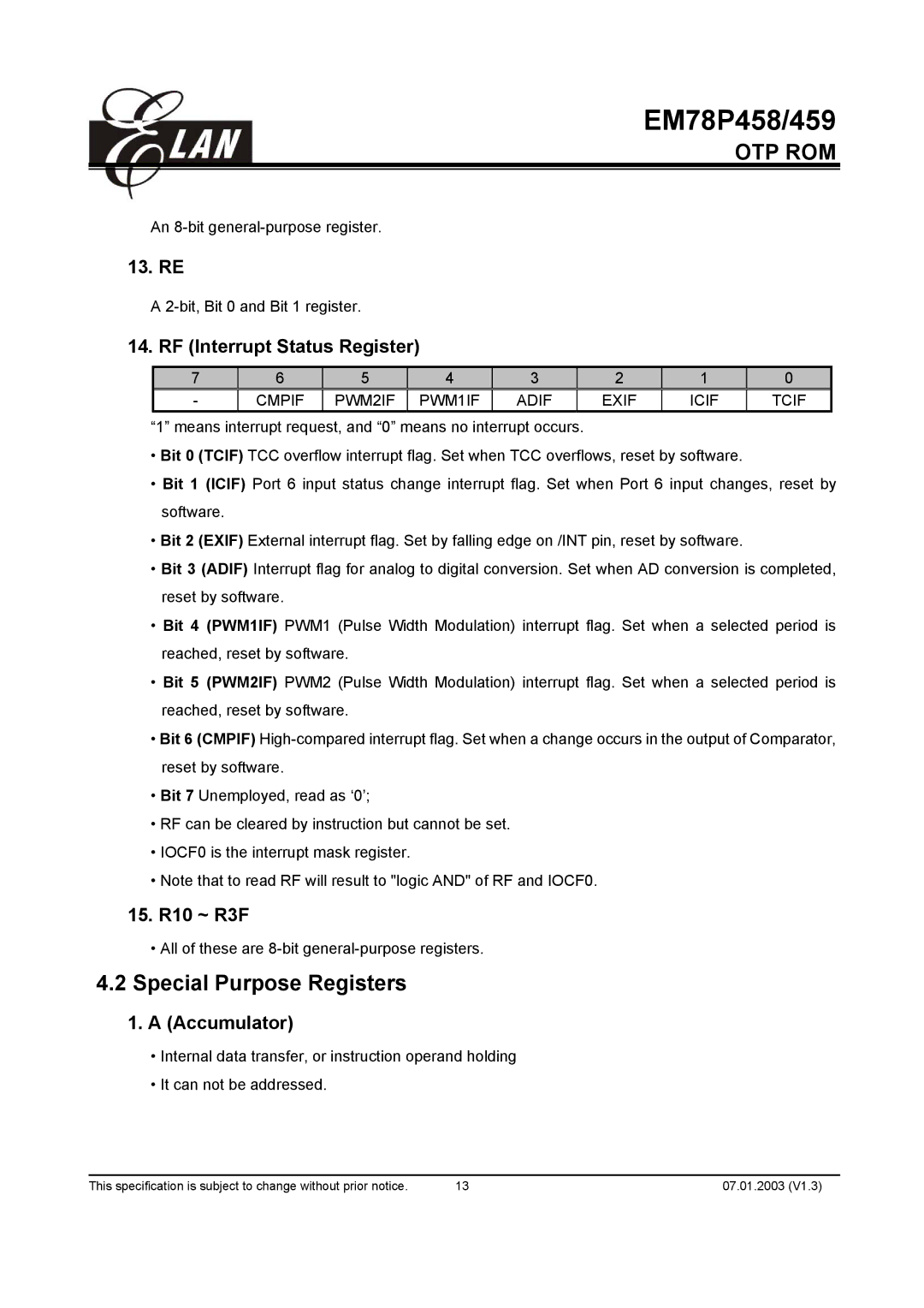 ELAN Home Systems EM78P459AM Special Purpose Registers, 13. RE, RF Interrupt Status Register, 15. R10 ~ R3F, Accumulator 