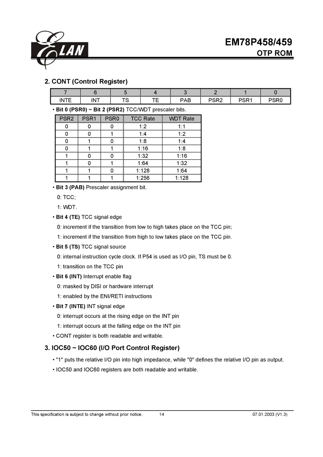 ELAN Home Systems EM78P458AM, EM78P459AK manual IOC50 ~ IOC60 I/O Port Control Register, Inte INT PAB PSR2 PSR1 PSR0 