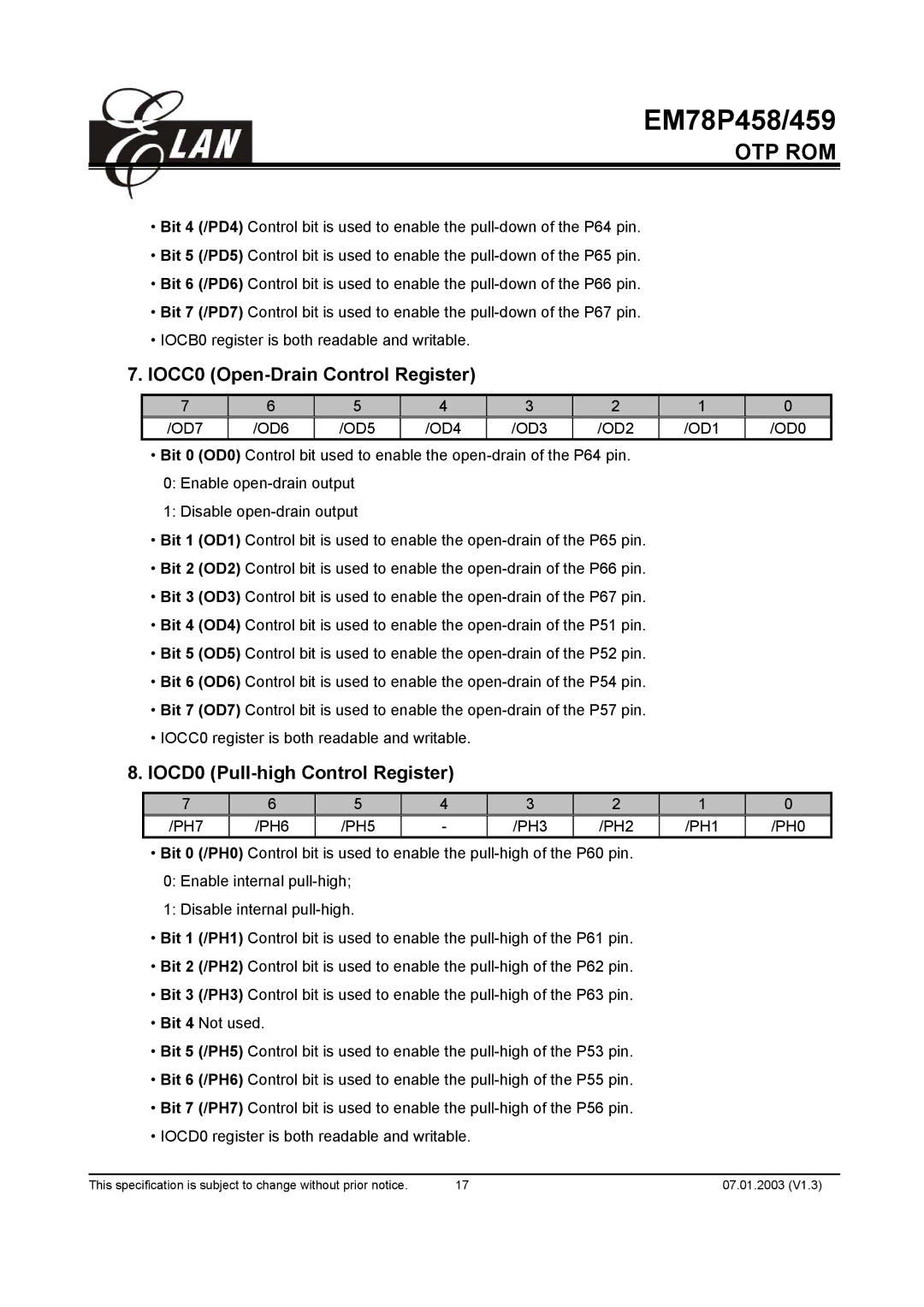 ELAN Home Systems EM78P459AK, EM78P459AM, EM78P458AM IOCC0 Open-Drain Control Register, IOCD0 Pull-high Control Register 