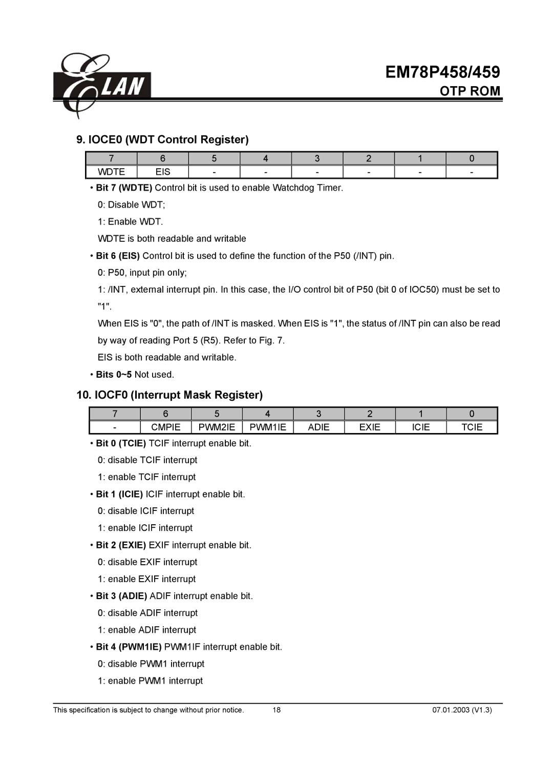 ELAN Home Systems EM78P459AK, EM78P459AM, EM78P458AM IOCE0 WDT Control Register, IOCF0 Interrupt Mask Register, Wdte EIS 