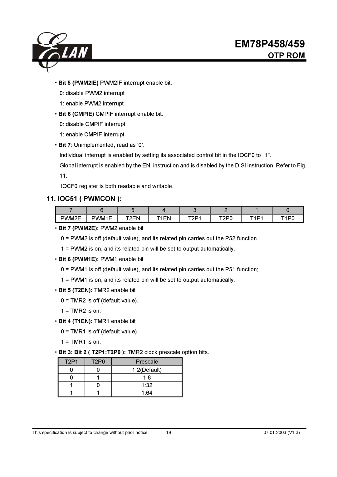 ELAN Home Systems EM78P459AM, EM78P459AK, EM78P458AM, EM78P458AP manual IOC51 Pwmcon, PWM2E PWM1E T2EN T1EN 