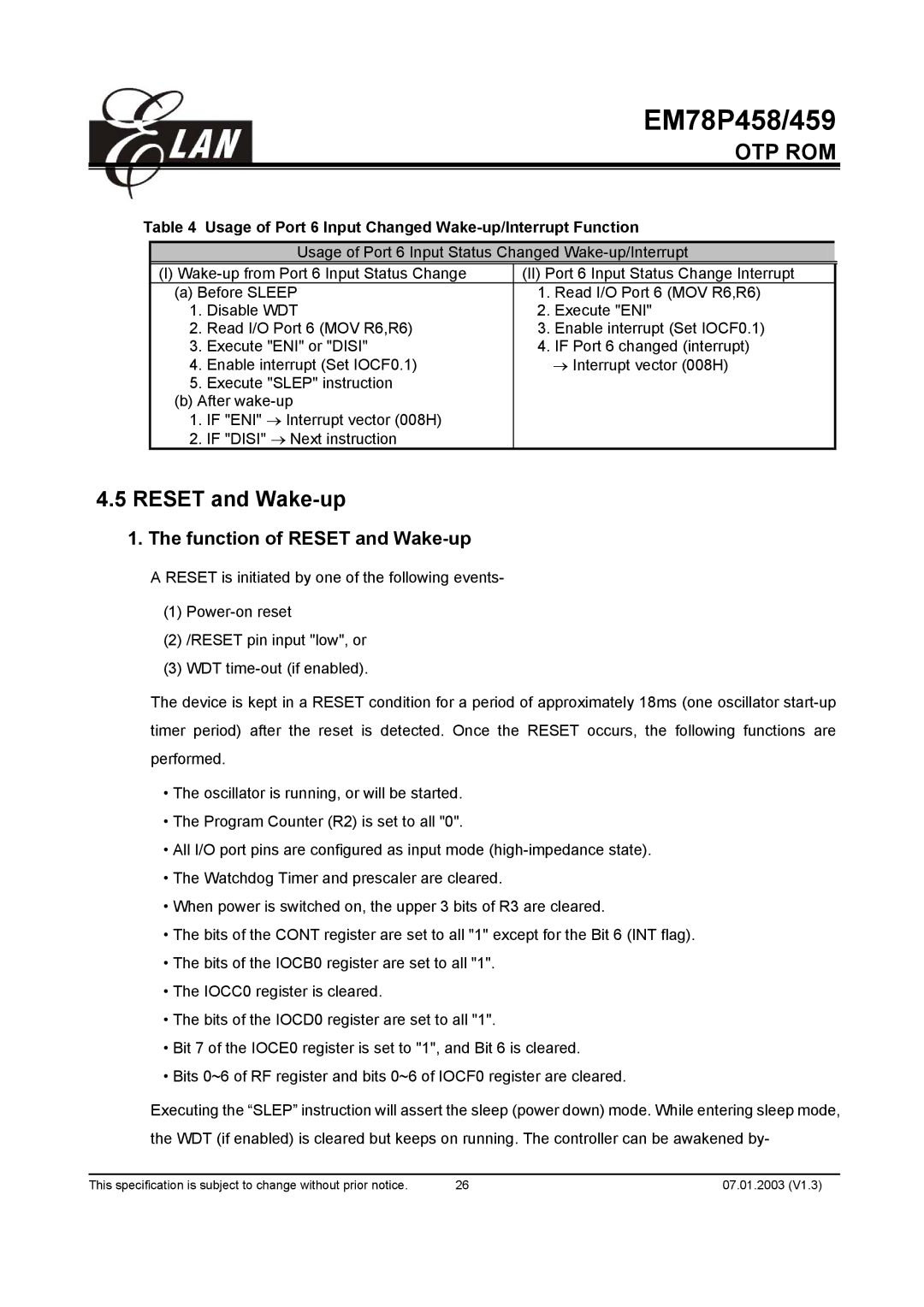 ELAN Home Systems EM78P458AM Function of Reset and Wake-up, Usage of Port 6 Input Changed Wake-up/Interrupt Function 