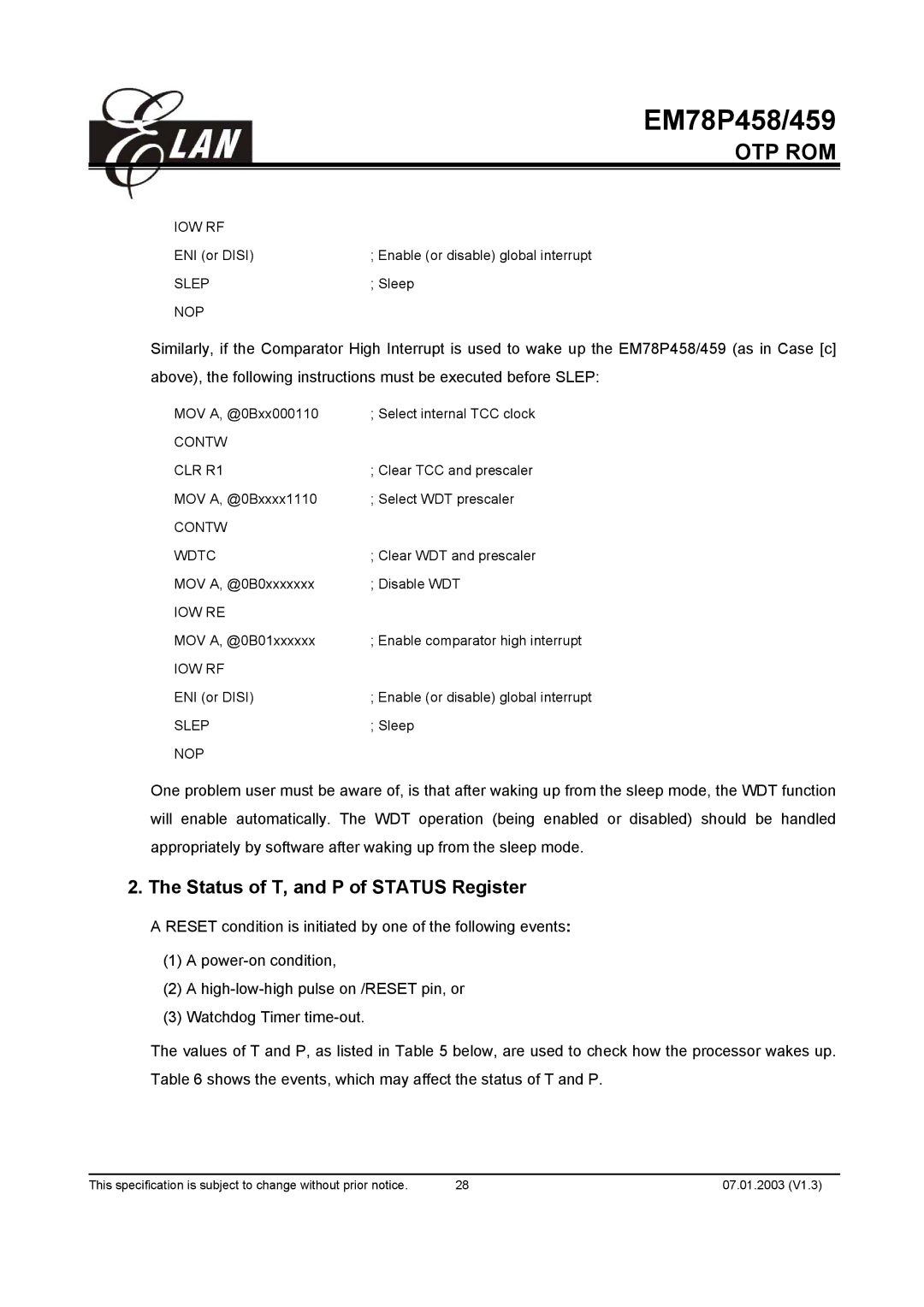 ELAN Home Systems EM78P459AK, EM78P459AM, EM78P458AM, EM78P458AP manual Status of T, and P of Status Register 