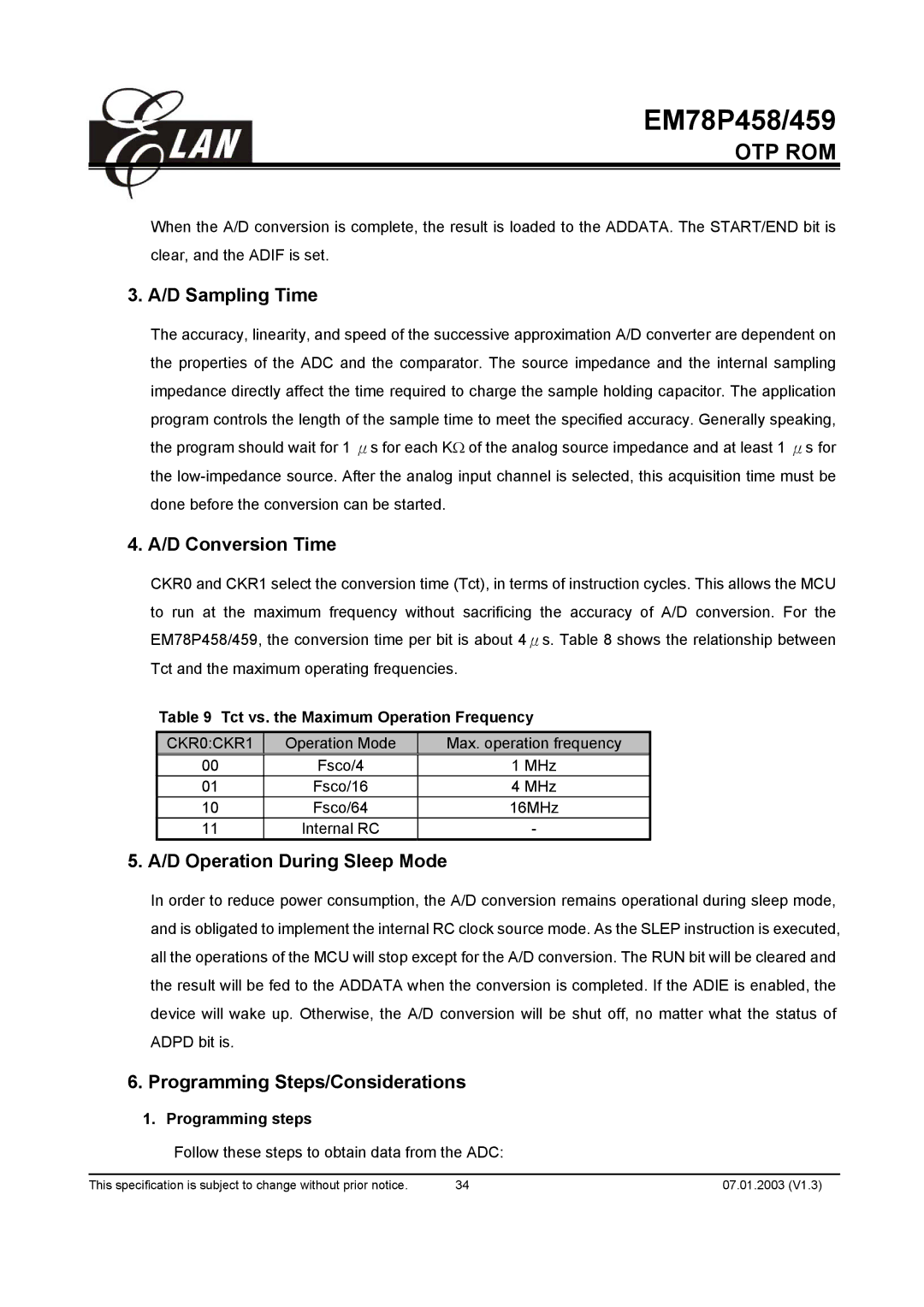 ELAN Home Systems EM78P458, EM78P459AK, EM78P459AM manual D Sampling Time, D Conversion Time, D Operation During Sleep Mode 