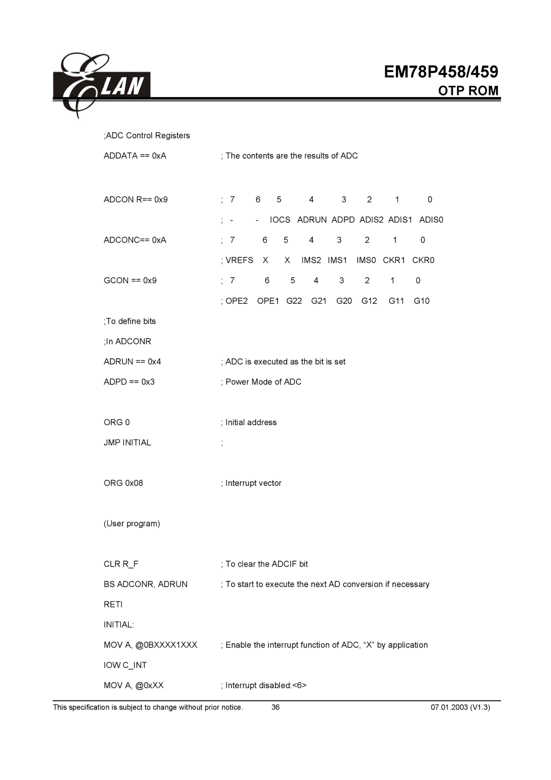 ELAN Home Systems EM78P459AK, EM78P459AM, EM78P458AM, EM78P458AP manual Iocs Adrun Adpd ADIS2 ADIS1 ADIS0 