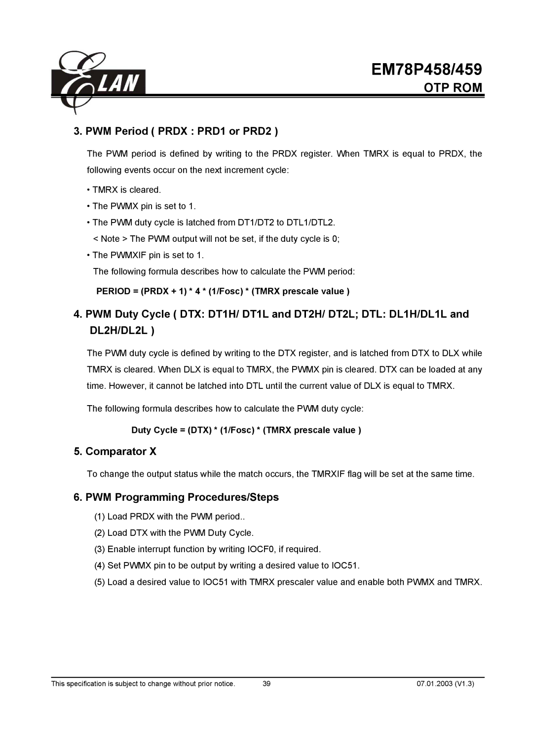 ELAN Home Systems EM78P458AP, EM78P459AK manual PWM Period Prdx PRD1 or PRD2, Comparator, PWM Programming Procedures/Steps 