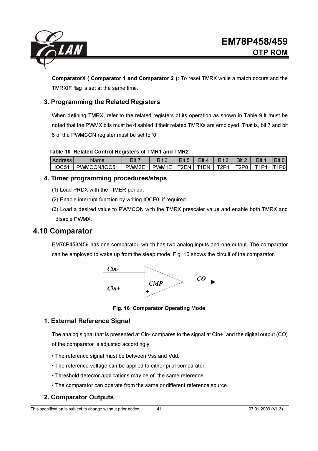 ELAN Home Systems EM78P459AK manual Comparator, Programming the Related Registers, Timer programming procedures/steps 