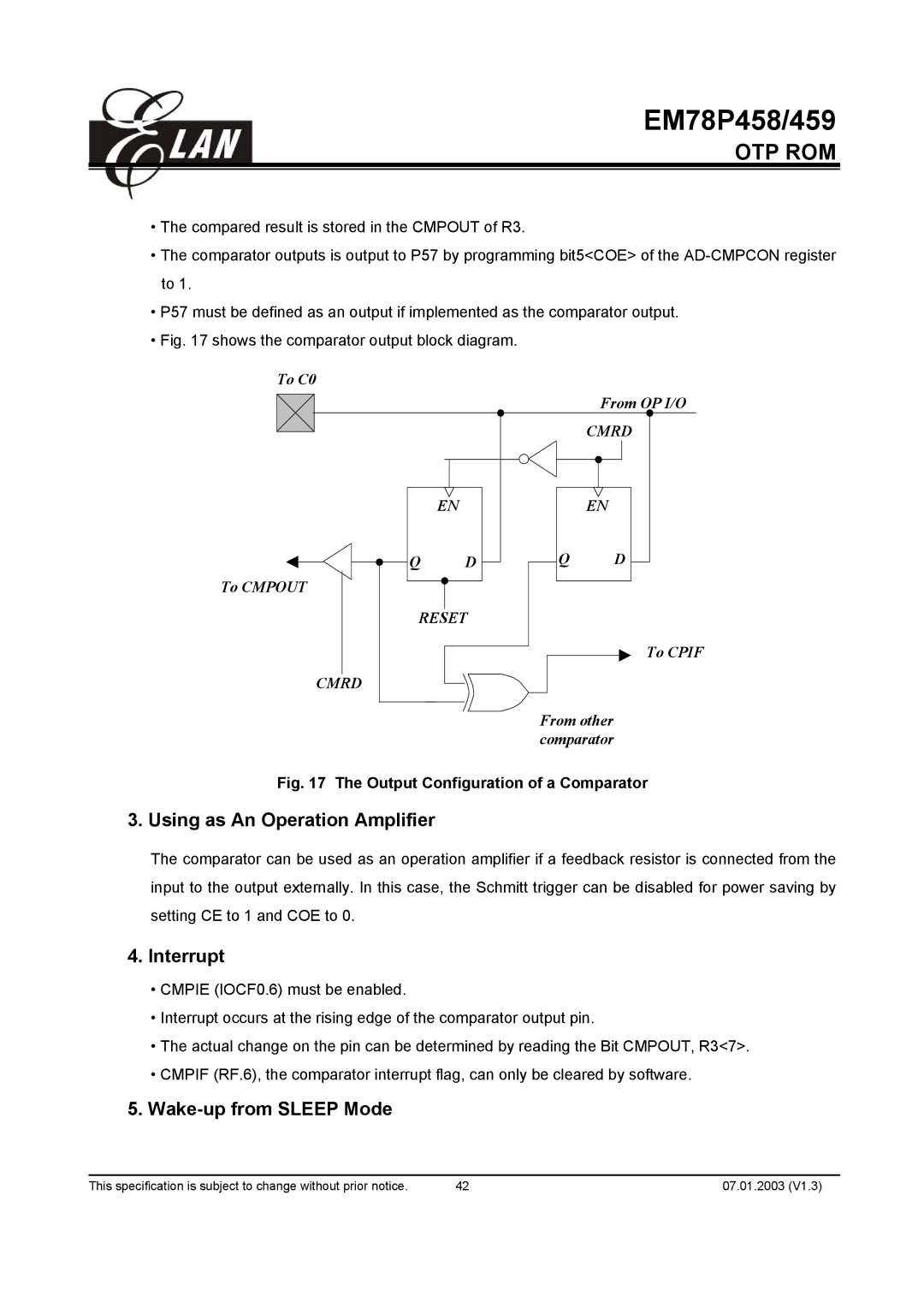 ELAN Home Systems EM78P459AK, EM78P459AM, EM78P458AM Using as An Operation Amplifier, Interrupt, Wake-up from Sleep Mode 