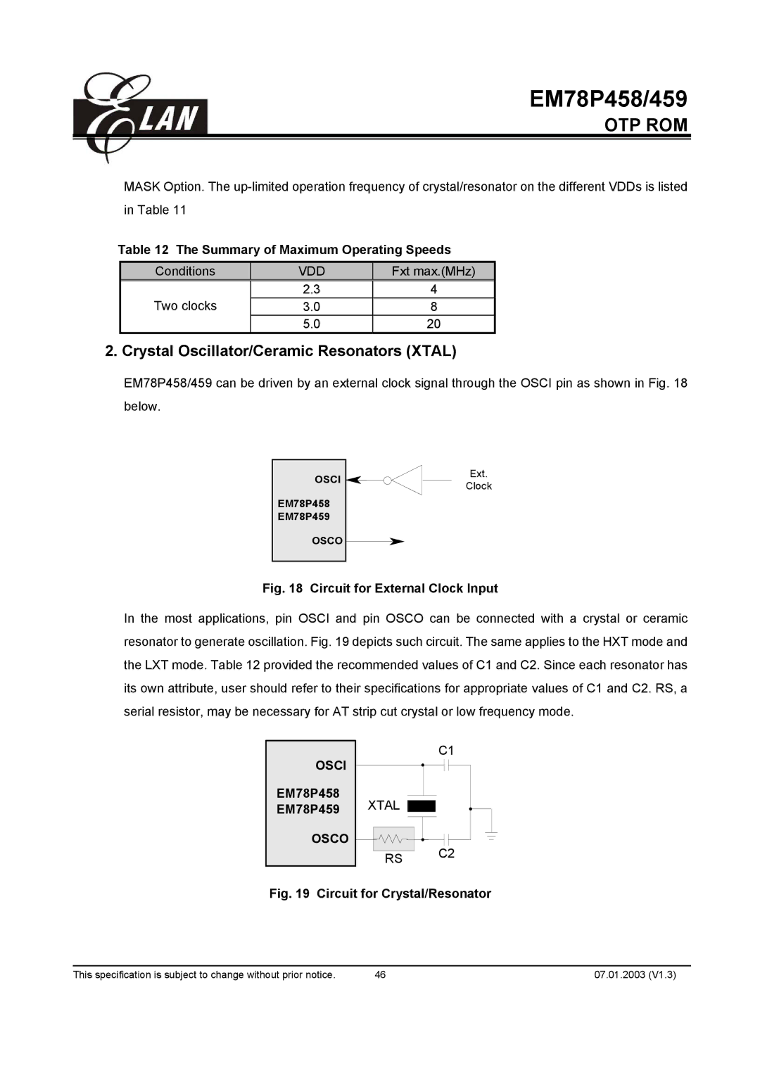 ELAN Home Systems EM78P458 manual Crystal Oscillator/Ceramic Resonators Xtal, Summary of Maximum Operating Speeds, EM78P459 