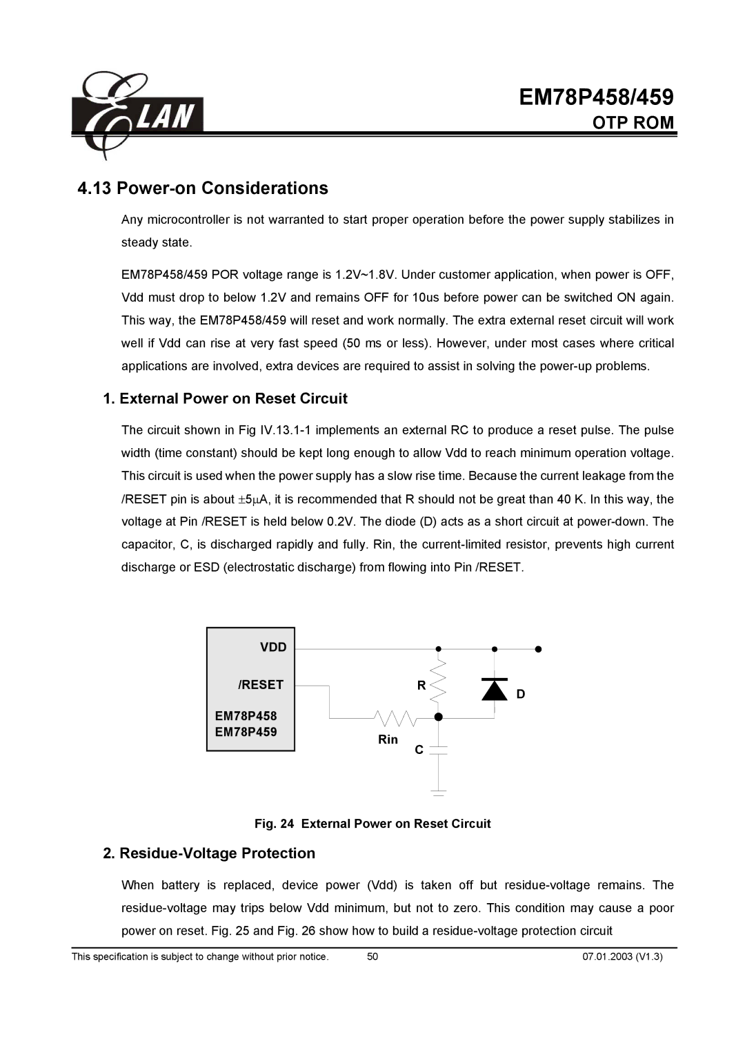 ELAN Home Systems EM78P458AM manual Power-on Considerations, External Power on Reset Circuit, Residue-Voltage Protection 