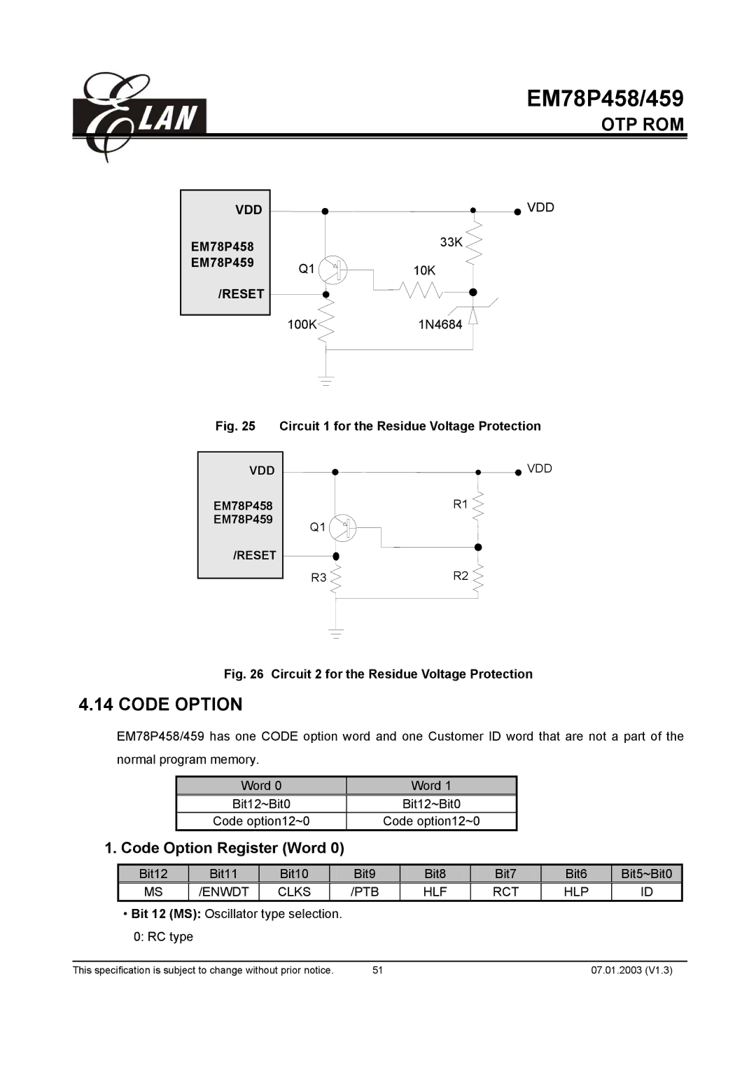 ELAN Home Systems EM78P458AP, EM78P459AK, EM78P459AM, EM78P458AM manual Code Option Register Word, Enwdt Clks PTB HLF RCT HLP 