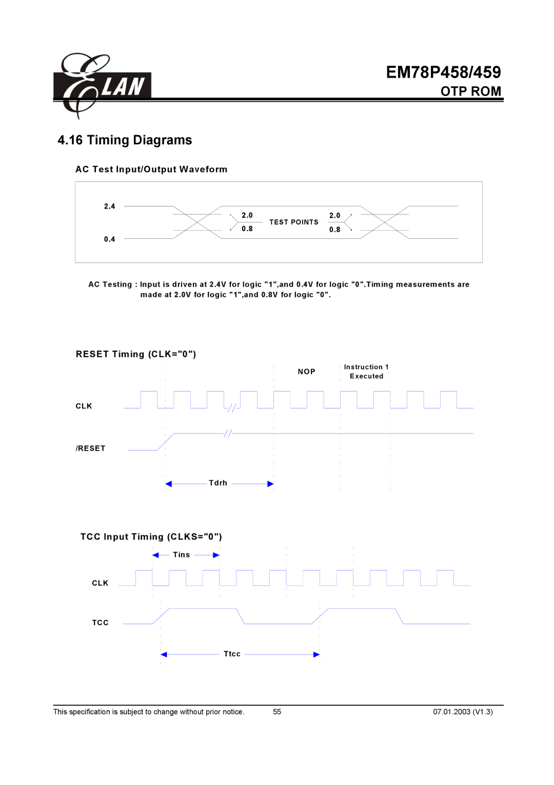 ELAN Home Systems EM78P459AM Timing Diagrams, AC Test Input/Output Waveform, Reset Timing CLK=0, TCC Input Timing CLKS=0 