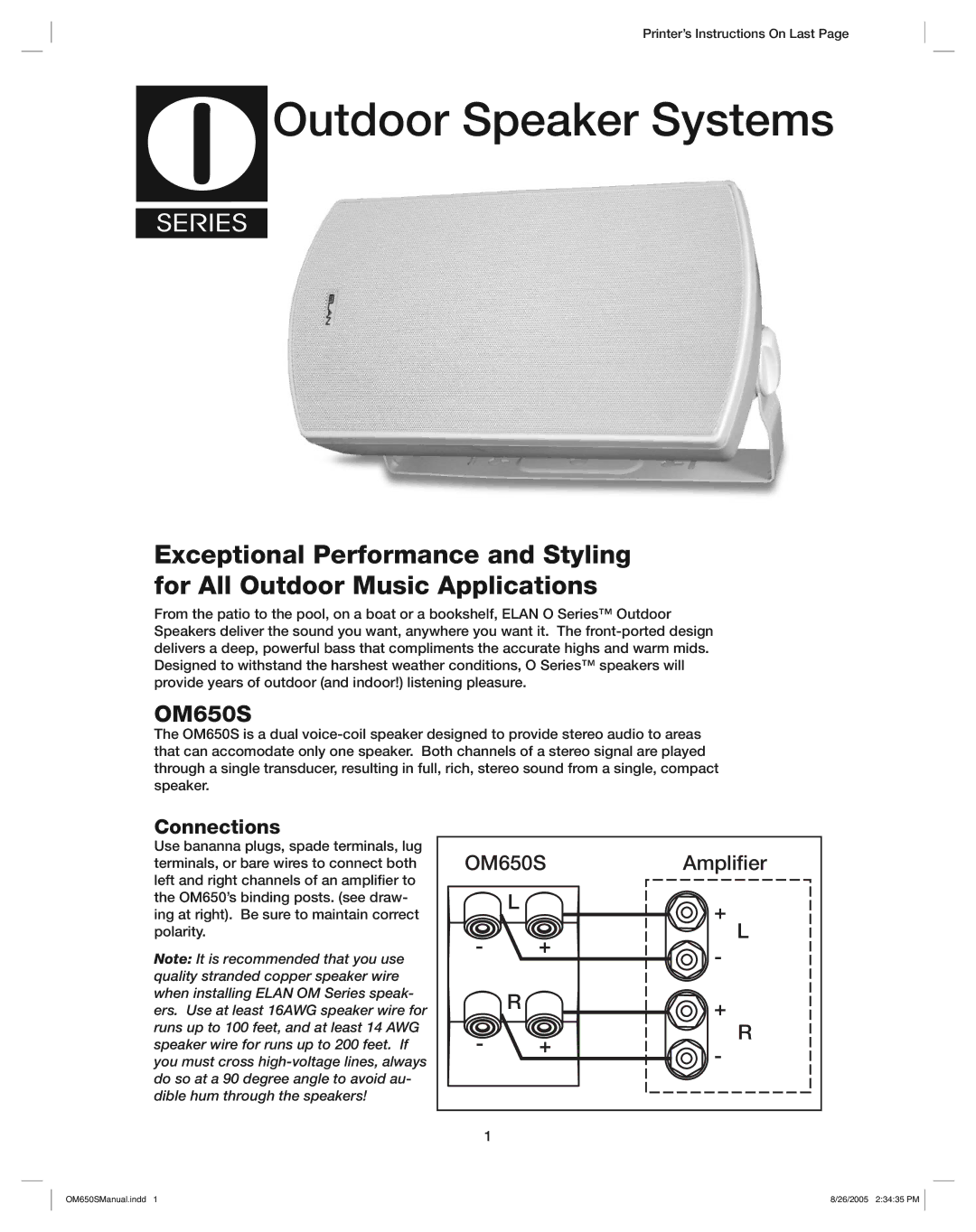 ELAN Home Systems OM650S manual Outdoor Speaker Systems, Connections 