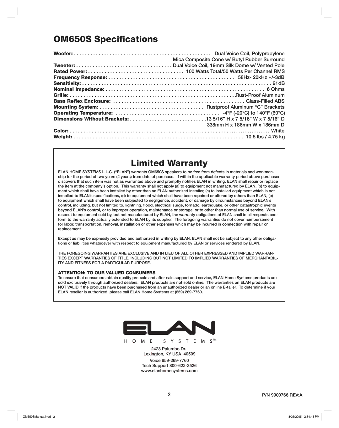 ELAN Home Systems manual OM650S Speciﬁcations, Limited Warranty 