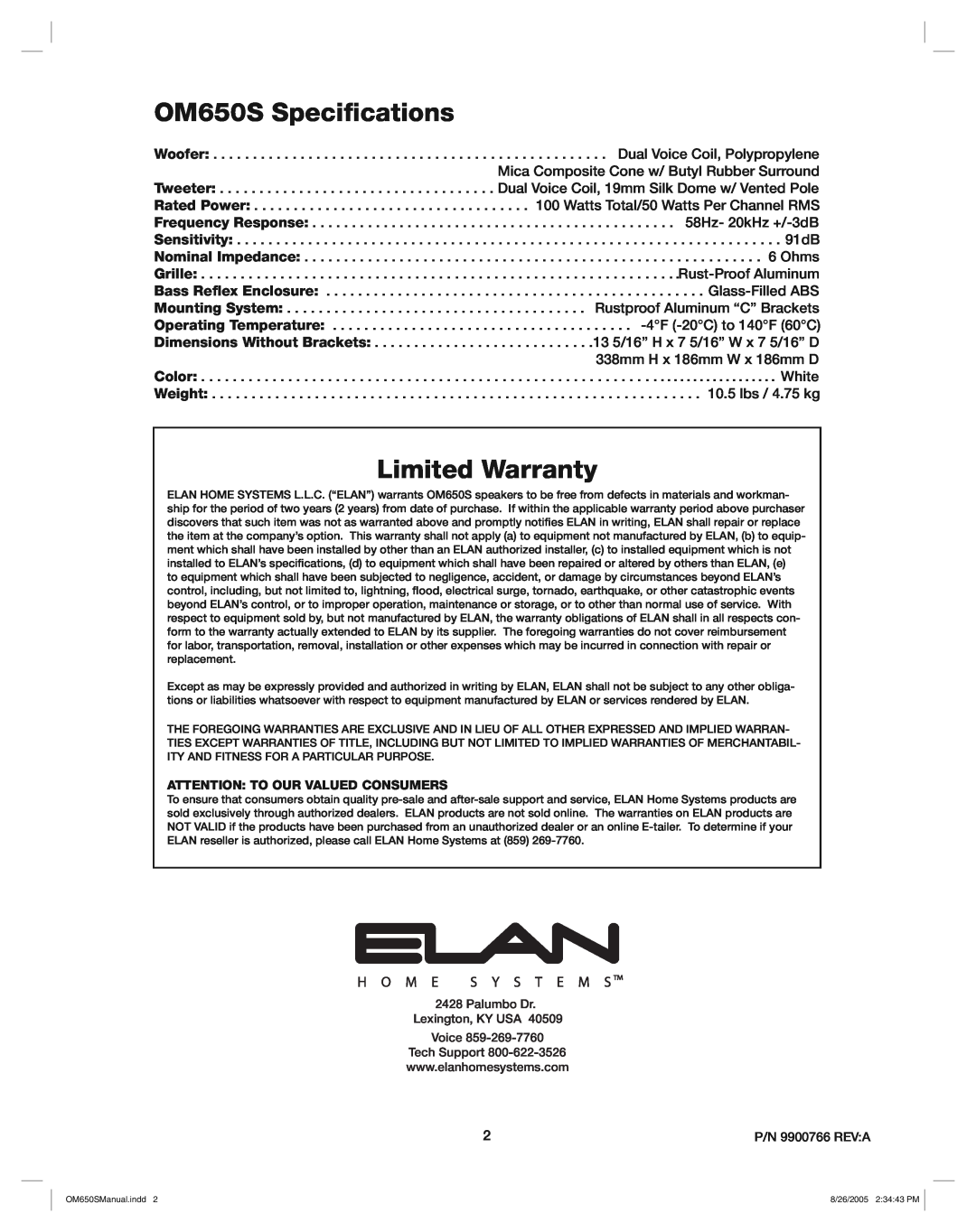 ELAN Home Systems manual OM650S Speciﬁcations, Limited Warranty 