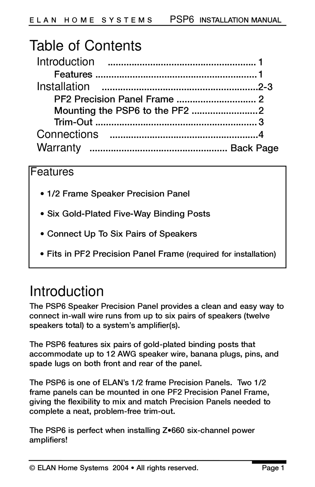 ELAN Home Systems PSP6 installation manual Table of Contents, Introduction 