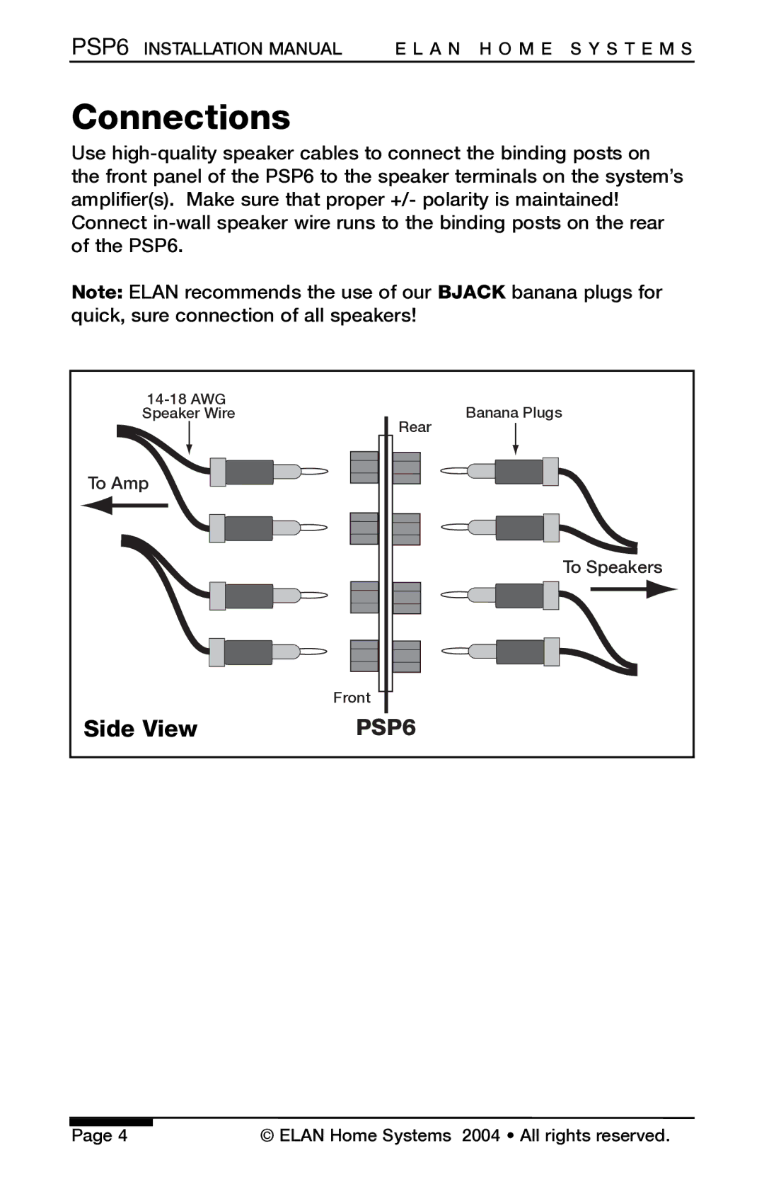 ELAN Home Systems PSP6 installation manual Connections 