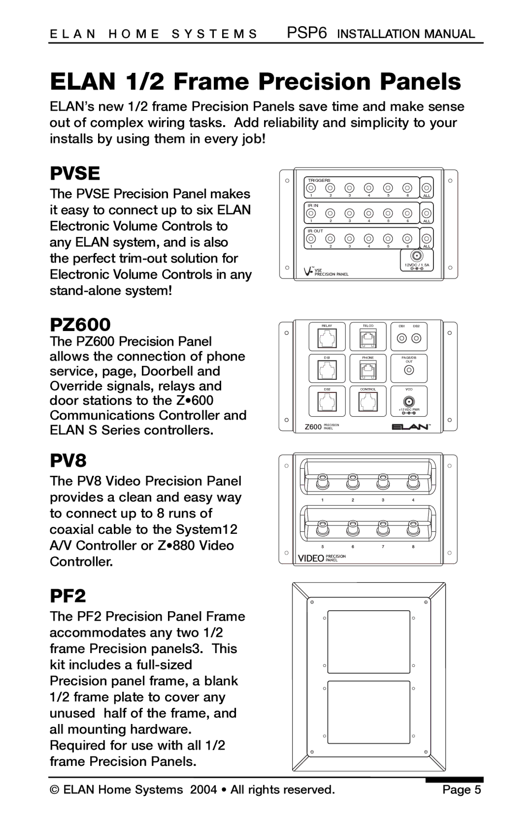 ELAN Home Systems PSP6 installation manual Elan 1/2 Frame Precision Panels, PZ600 