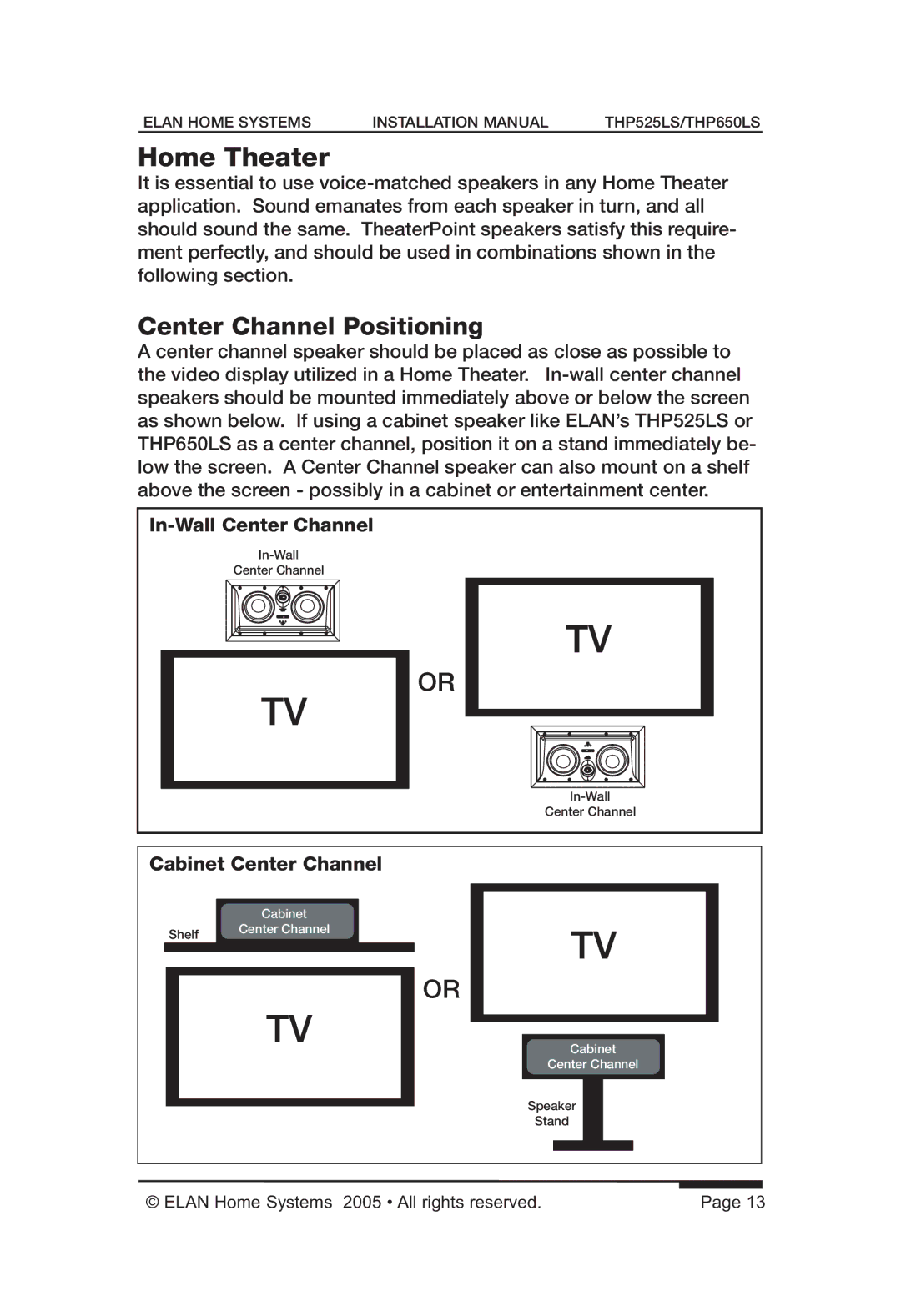 ELAN Home Systems THP525LS, THP650LS manual Home Theater, Center Channel Positioning 