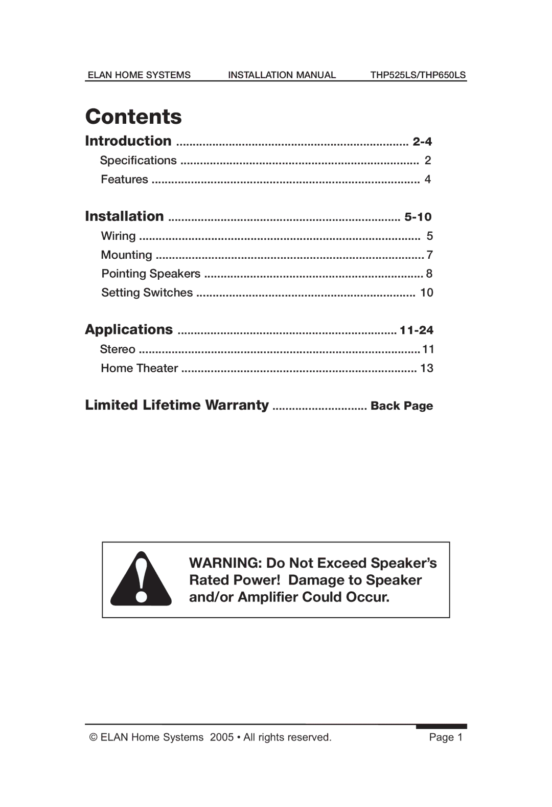 ELAN Home Systems THP525LS, THP650LS manual Contents 