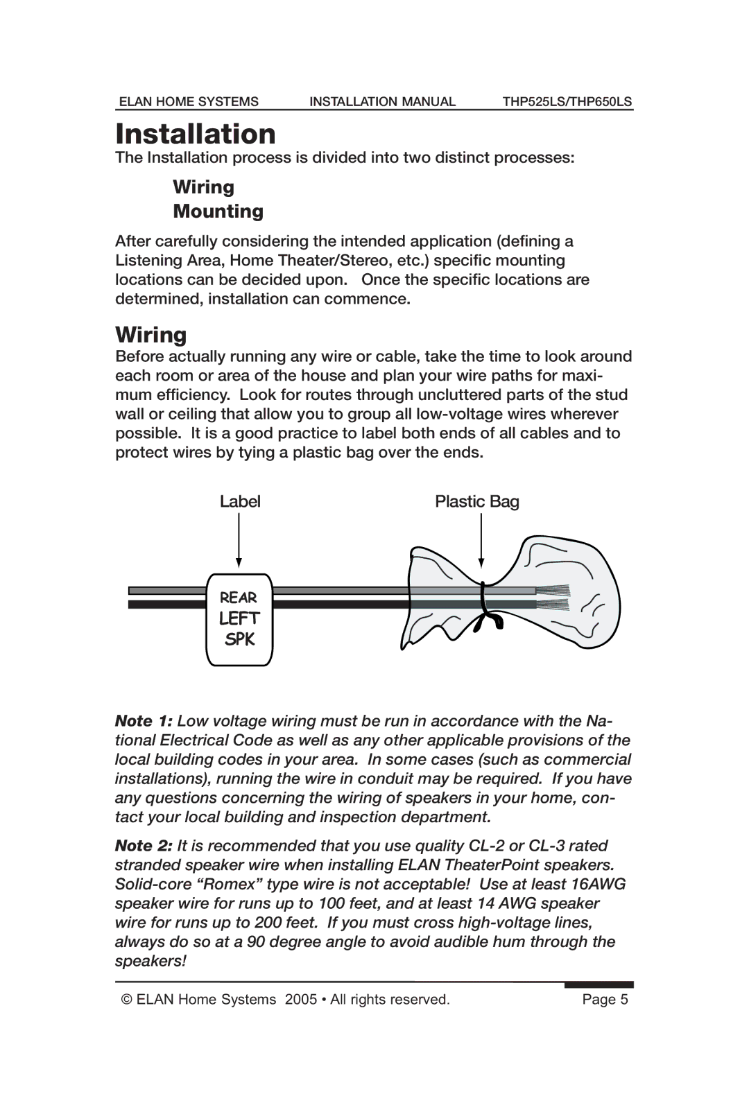 ELAN Home Systems THP525LS, THP650LS manual Wiring Mounting 