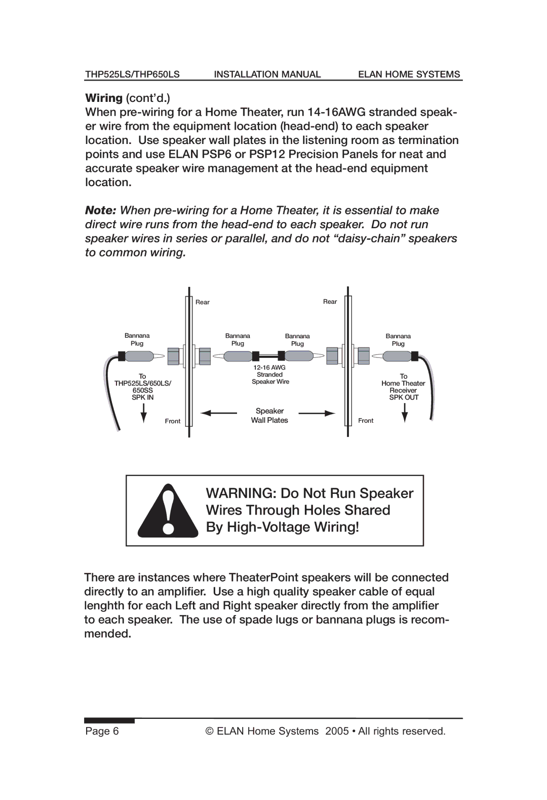 ELAN Home Systems THP650LS, THP525LS manual Wires Through Holes Shared By High-Voltage Wiring 