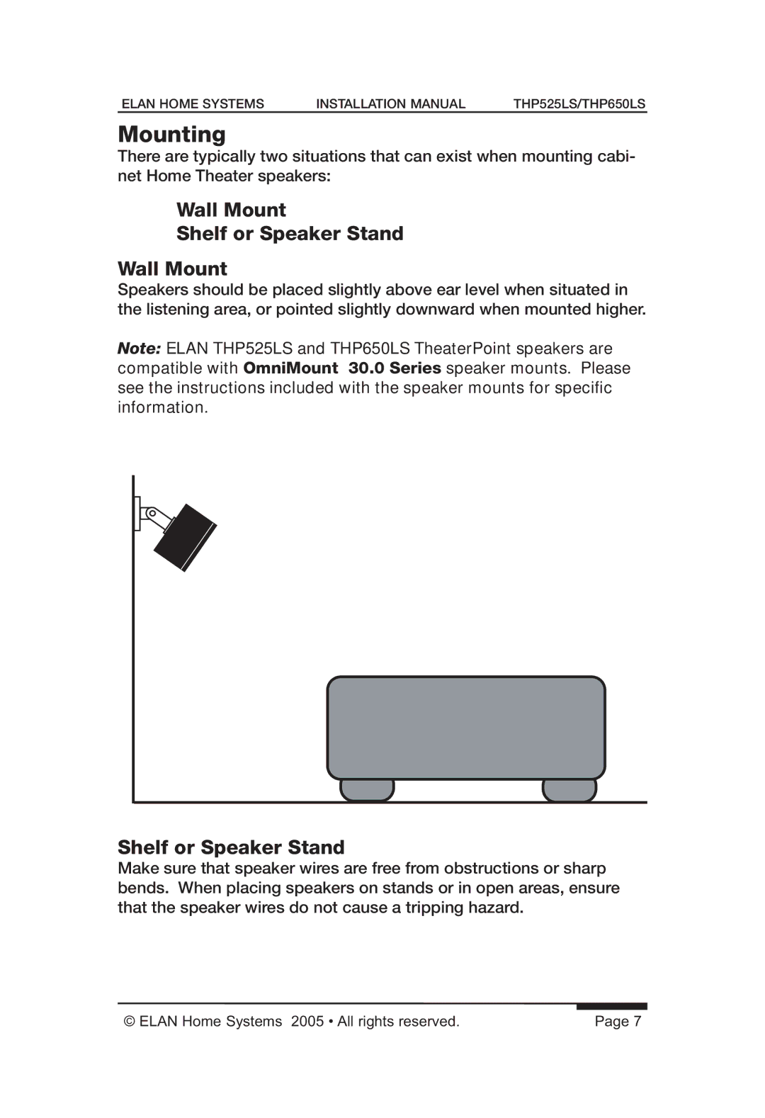 ELAN Home Systems THP525LS, THP650LS manual Mounting, Wall Mount Shelf or Speaker Stand 