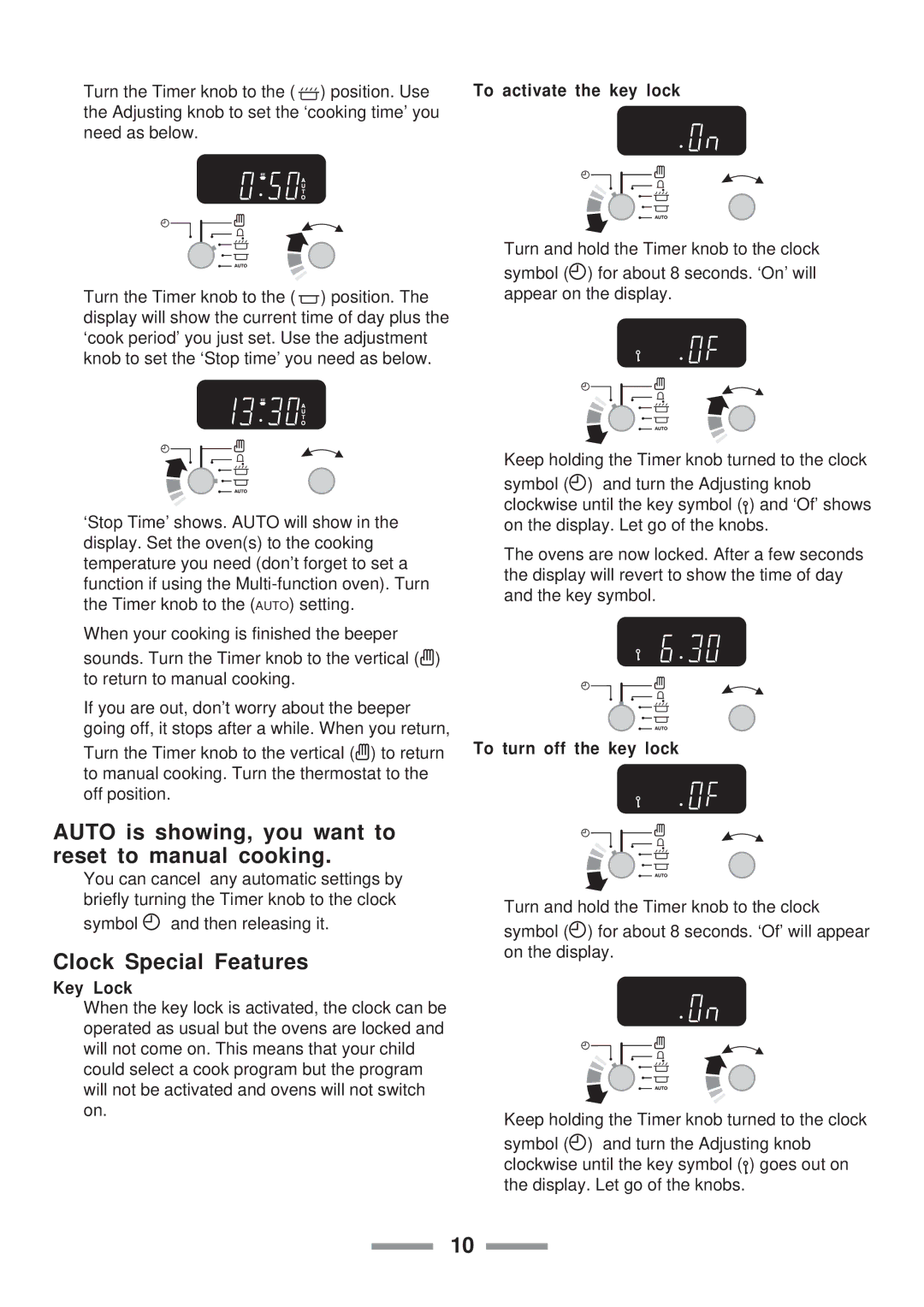 ELAN Home Systems U102110-07 Auto is showing, you want to reset to manual cooking, Clock Special Features, Key Lock 