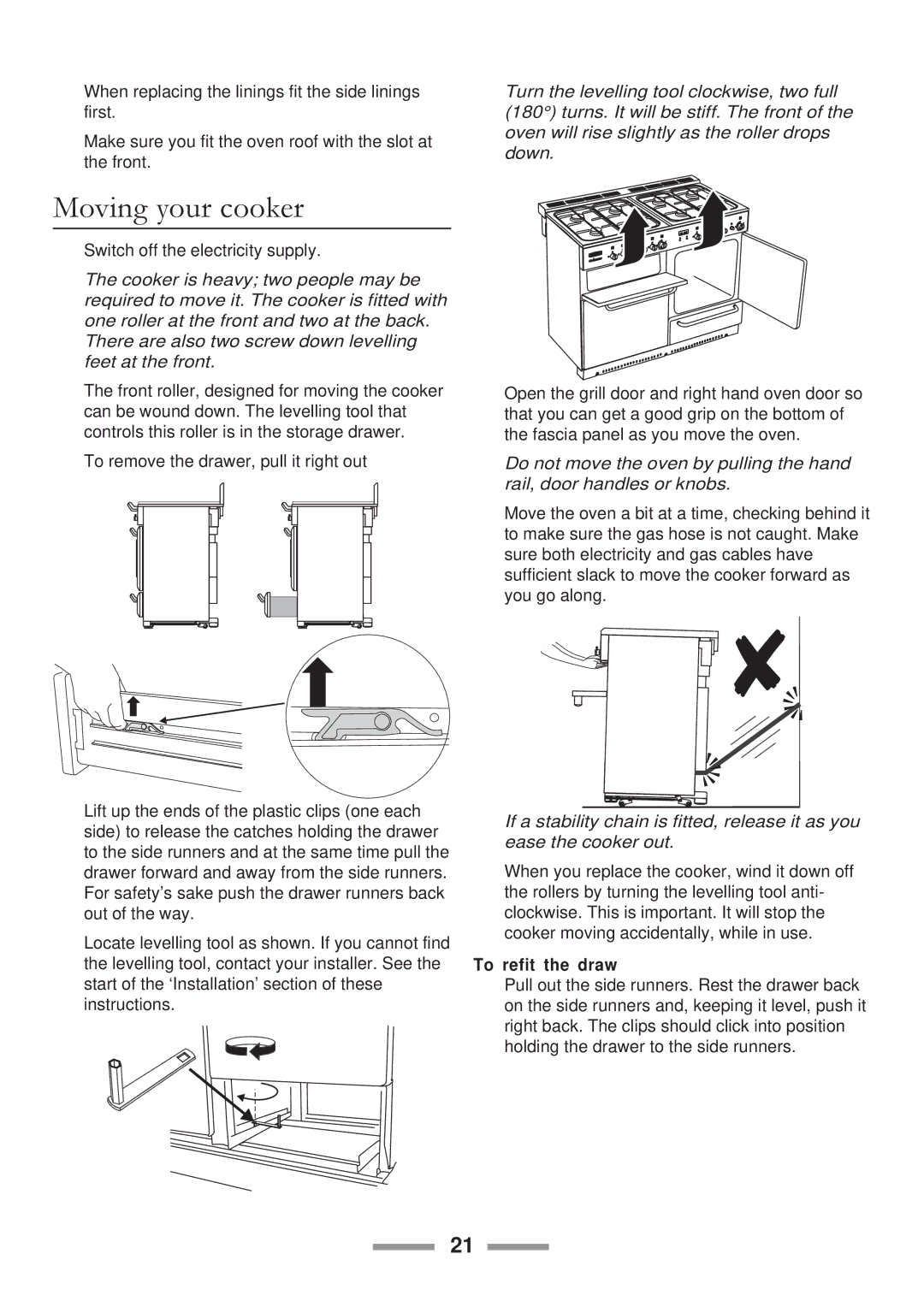 ELAN Home Systems U102110-07 manual Moving your cooker, To refit the draw 