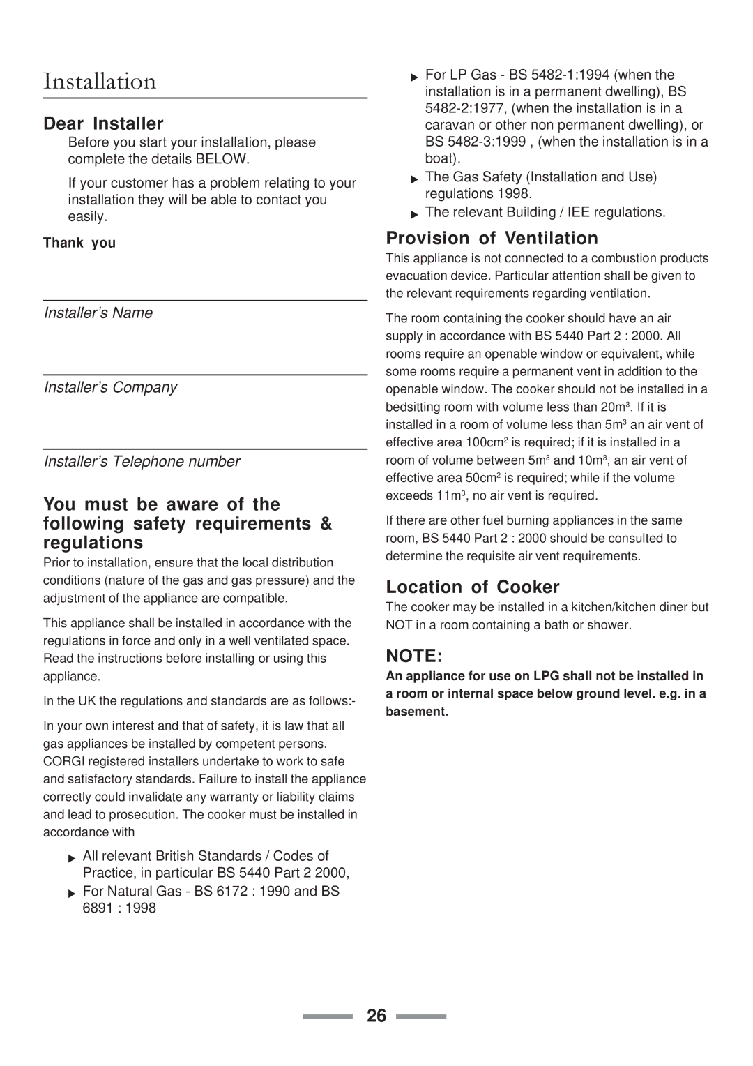 ELAN Home Systems U102110-07 manual Installation, Dear Installer, Provision of Ventilation, Location of Cooker, Thank you 