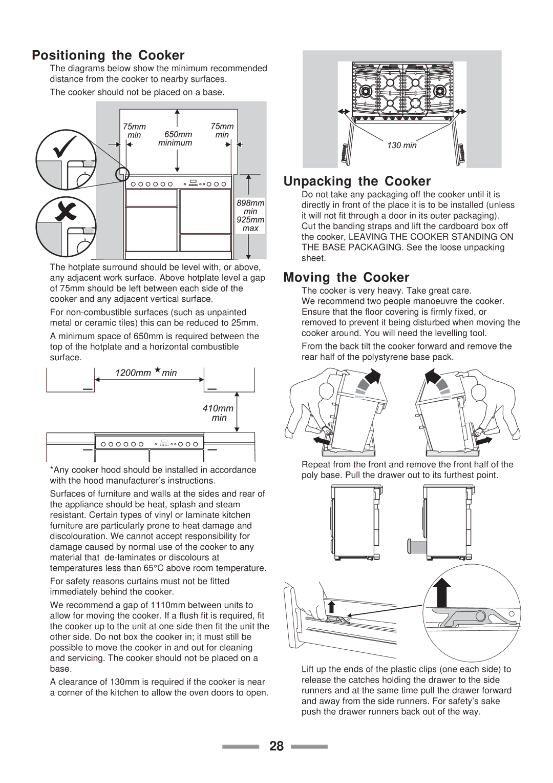 ELAN Home Systems U102110-07 manual Positioning the Cooker, Unpacking the Cooker, Moving the Cooker 