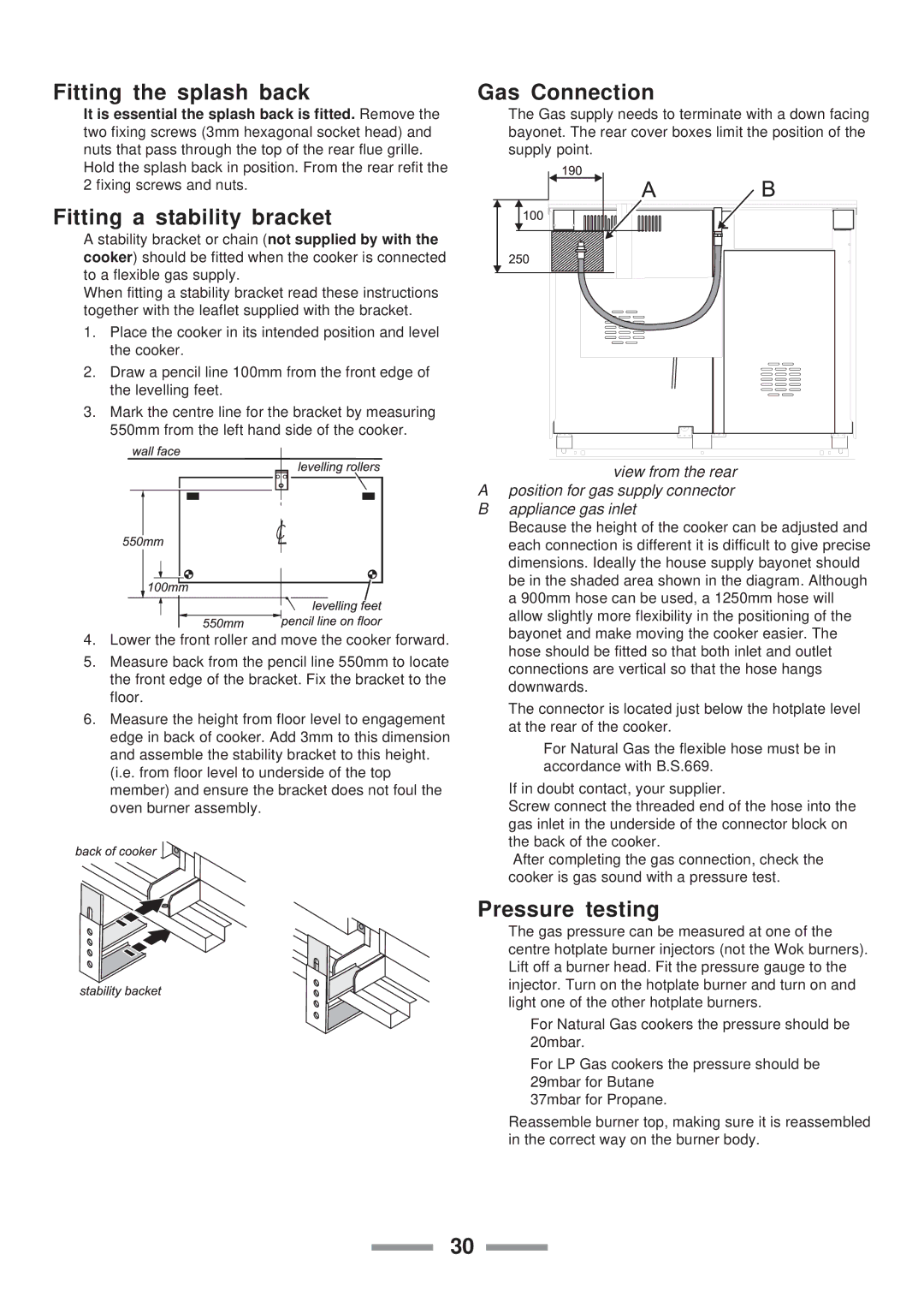 ELAN Home Systems U102110-07 manual Fitting the splash back, Fitting a stability bracket, Gas Connection, Pressure testing 