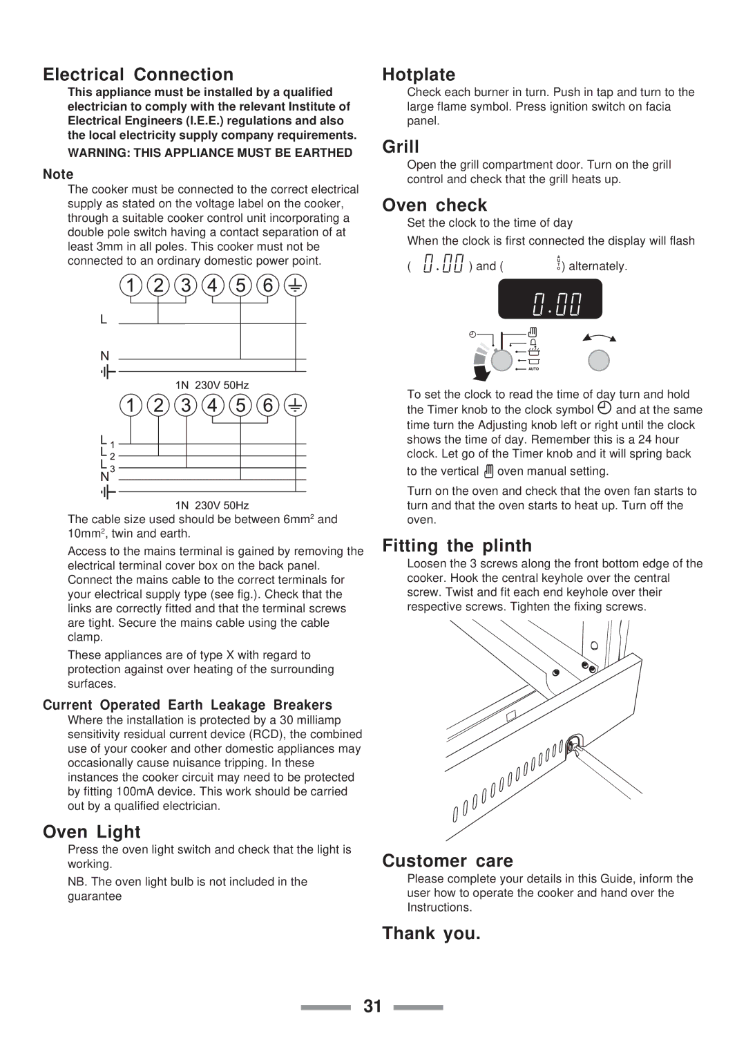 ELAN Home Systems U102110-07 Electrical Connection, Hotplate, Oven check, Fitting the plinth, Customer care, Thank you 