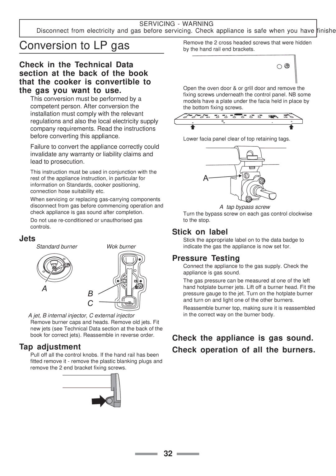 ELAN Home Systems U102110-07 manual Conversion to LP gas, Jets, Stick on label, Tap adjustment 