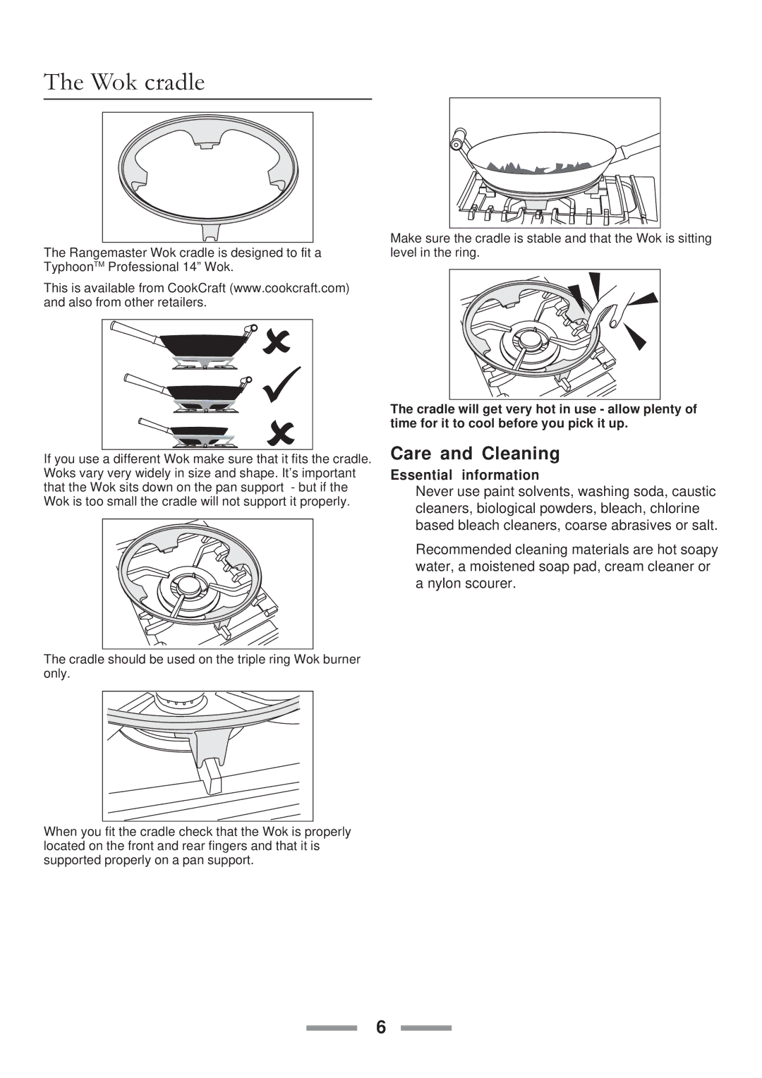 ELAN Home Systems U102110-07 manual Wok cradle, Care and Cleaning, Essential information 