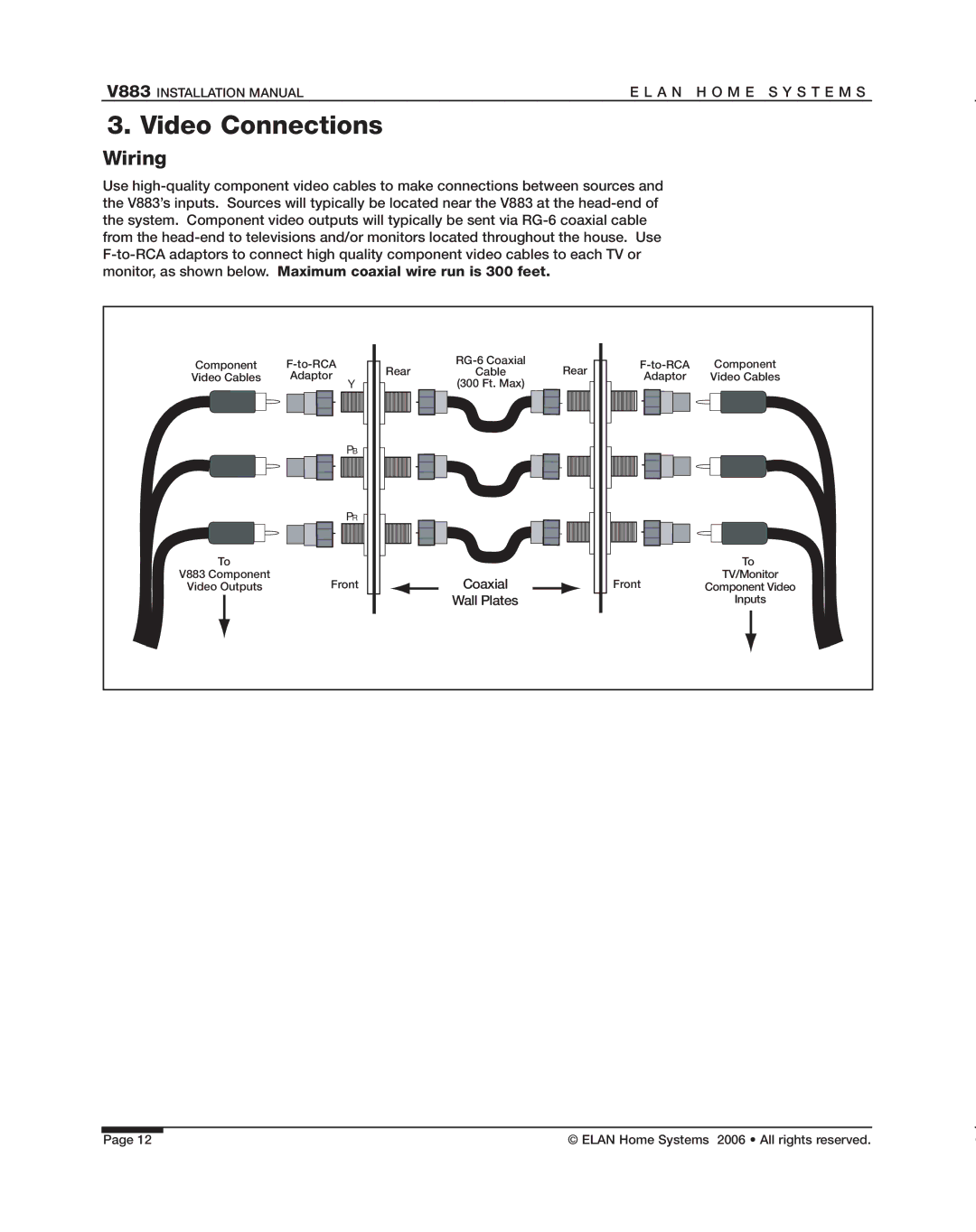 ELAN Home Systems V883 manual Video Connections, Wiring 