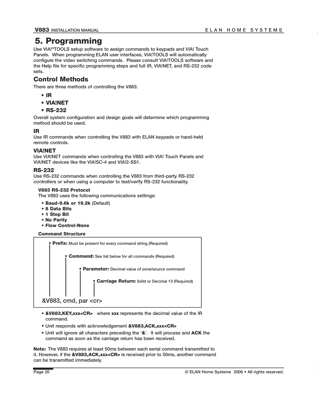 ELAN Home Systems V883 manual Programming, Control Methods 