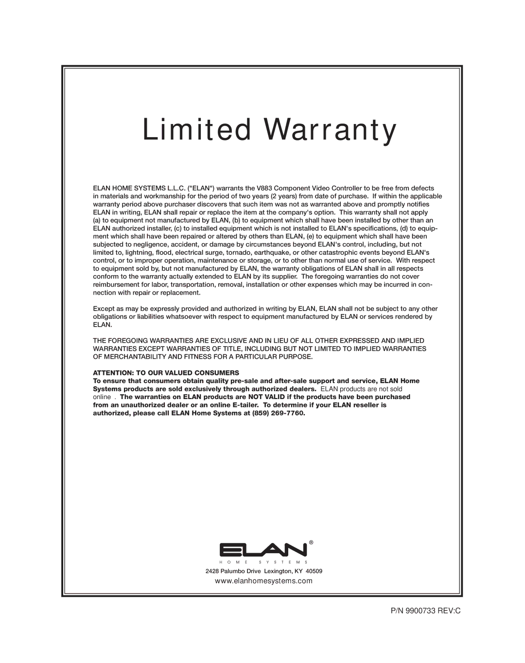 ELAN Home Systems V883 manual Limited Warranty 