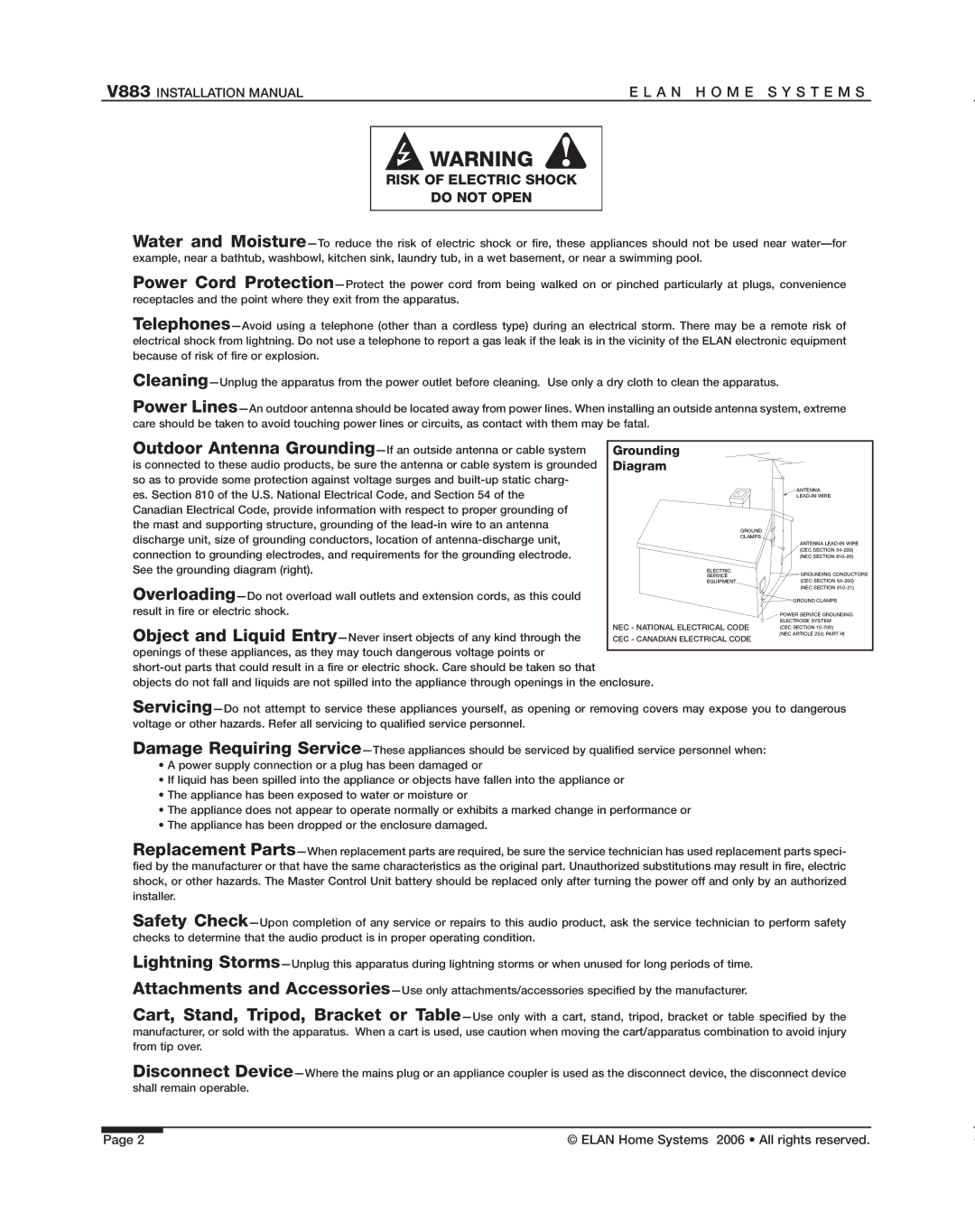 ELAN Home Systems V883 manual Risk of Electric Shock Do not Open 