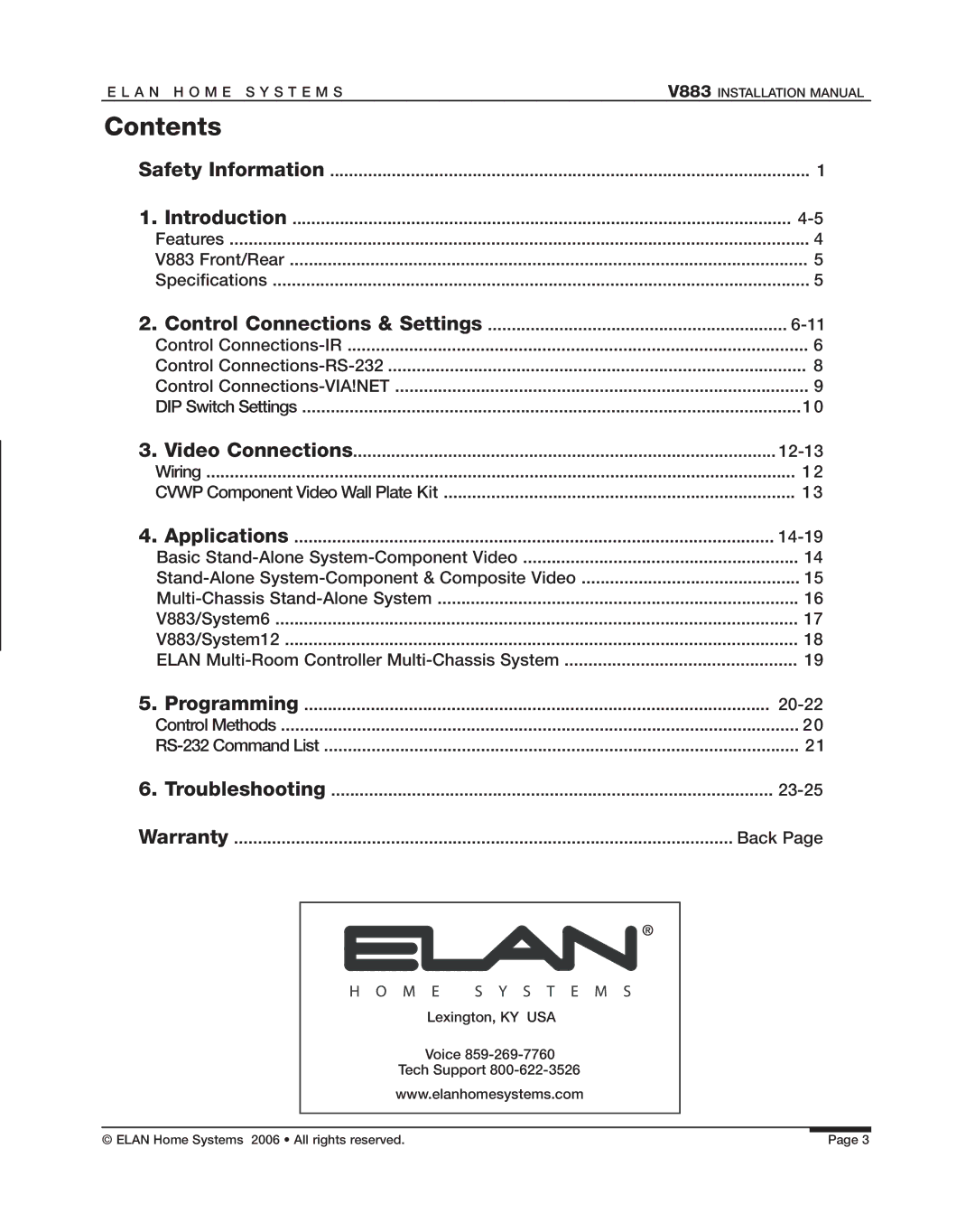 ELAN Home Systems V883 manual Contents 