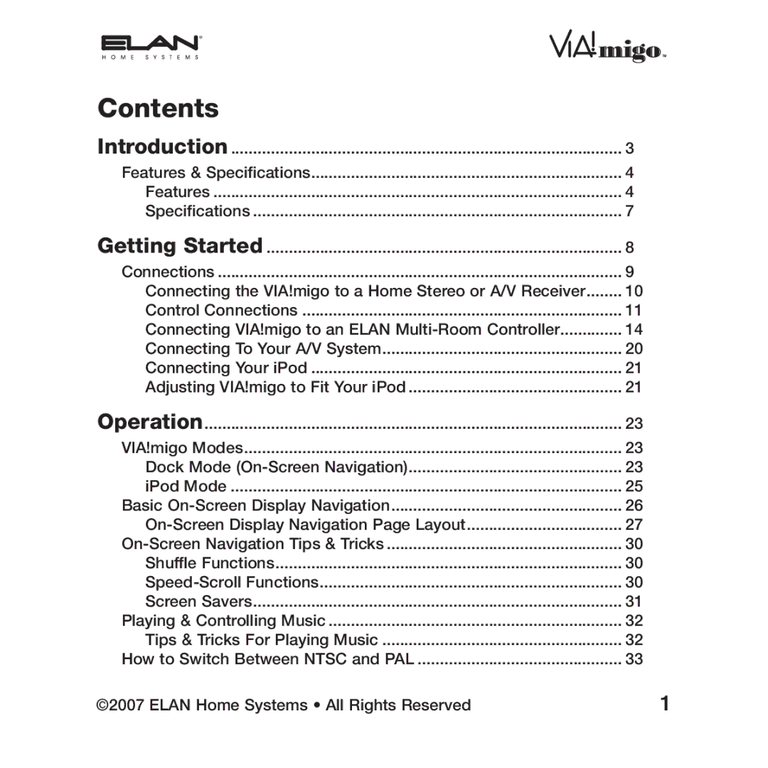 ELAN Home Systems VIA!migo manual Contents 